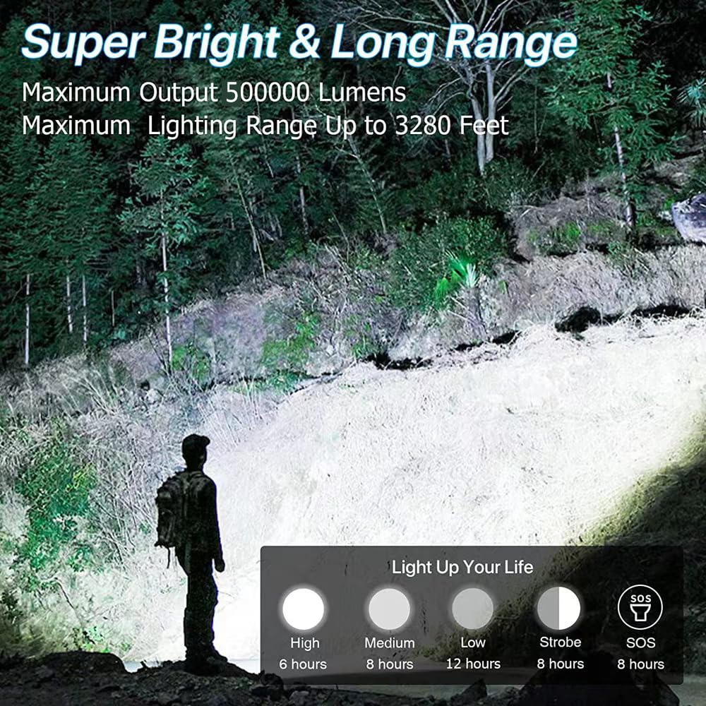 Pxhtmpk Rechargeable Led Flashlight High Lumens, 500000 Lumens Super Bright Flash Lights, Zoomable, 5 Modes, Powerful Handheld Flashlight For Camping