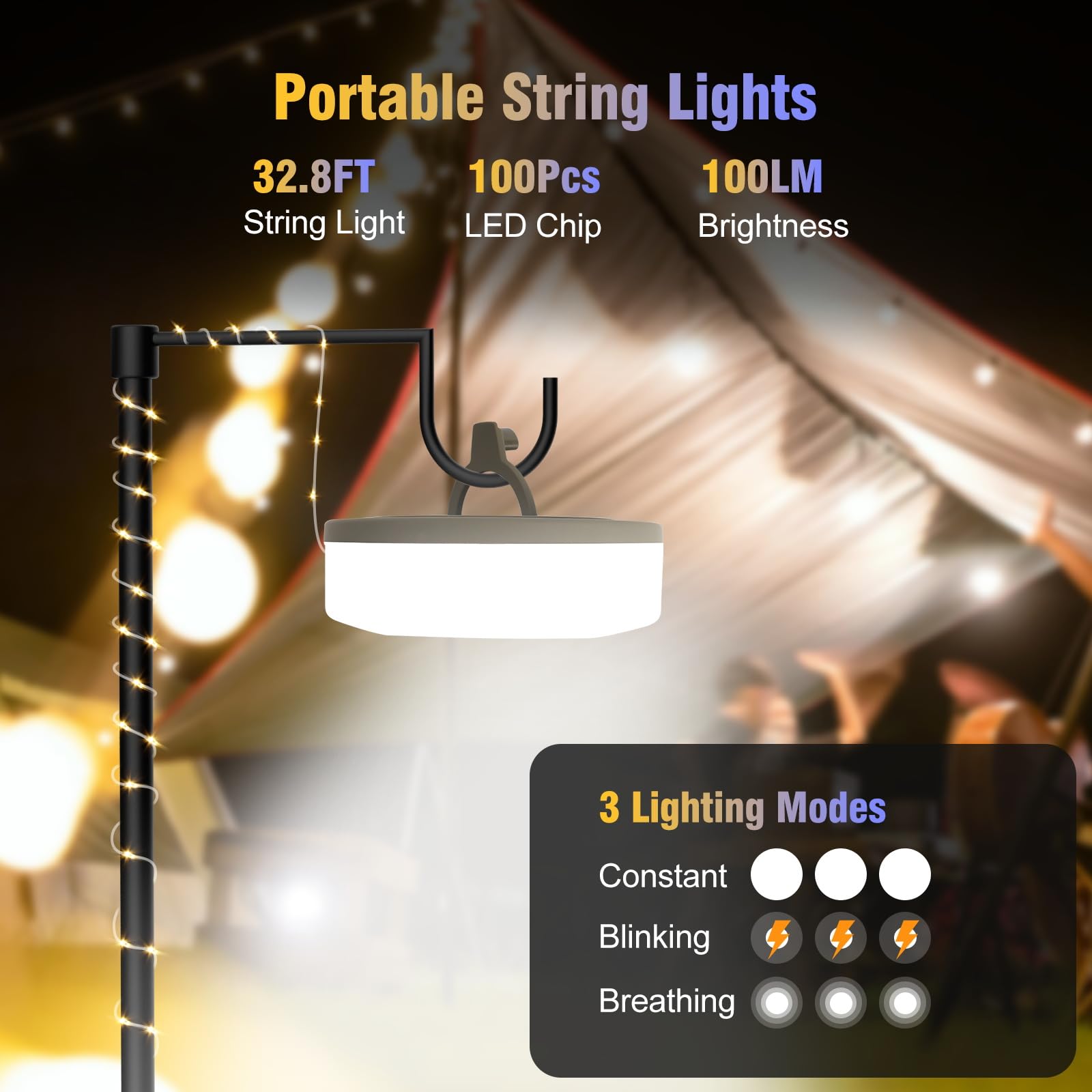 Liforemi 2 Pack Camping String Light - Waterproof Led Hanging Lights For Outdoor Decor In Tents, Awning, Garden & Festivals, Camping Essentials (32.8Ft)