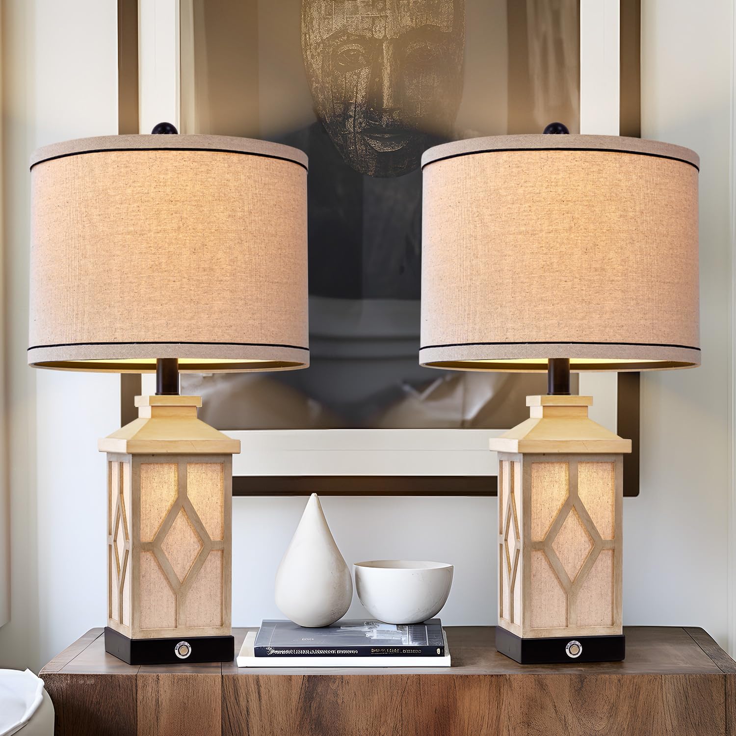 G-Safava 23.5" Touch Table Lamps Set Of 2 For Living Room - Farmhouse Bedside With Usb A+C Charging Ports, 3-Way Dimmable White, Retro For Night Stands, Boho Bedroom