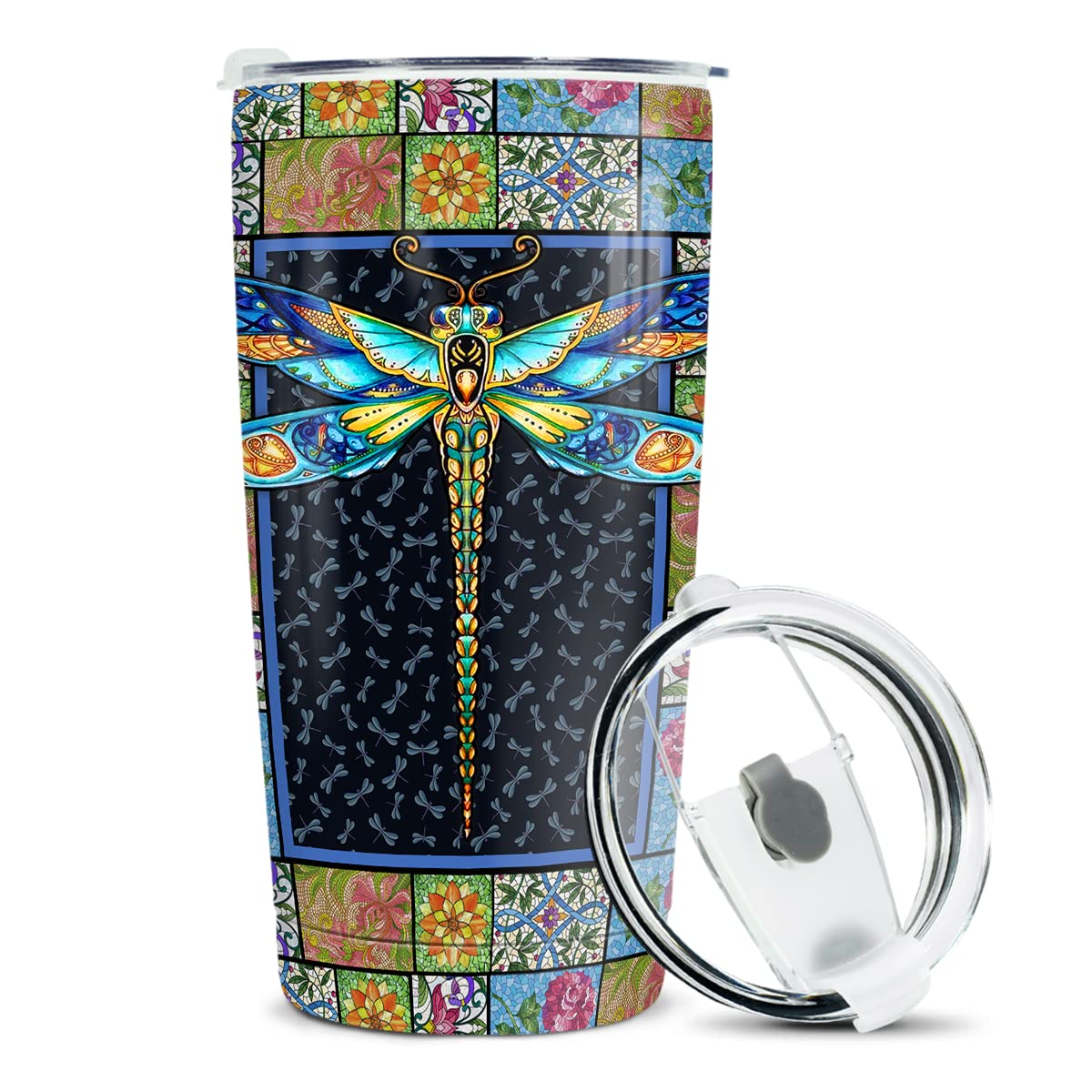 Winorax Dragonfly Tumbler Stainless Steel Insulated 20Oz Cup Mosaic Drawing Style Coffee Travel Mug