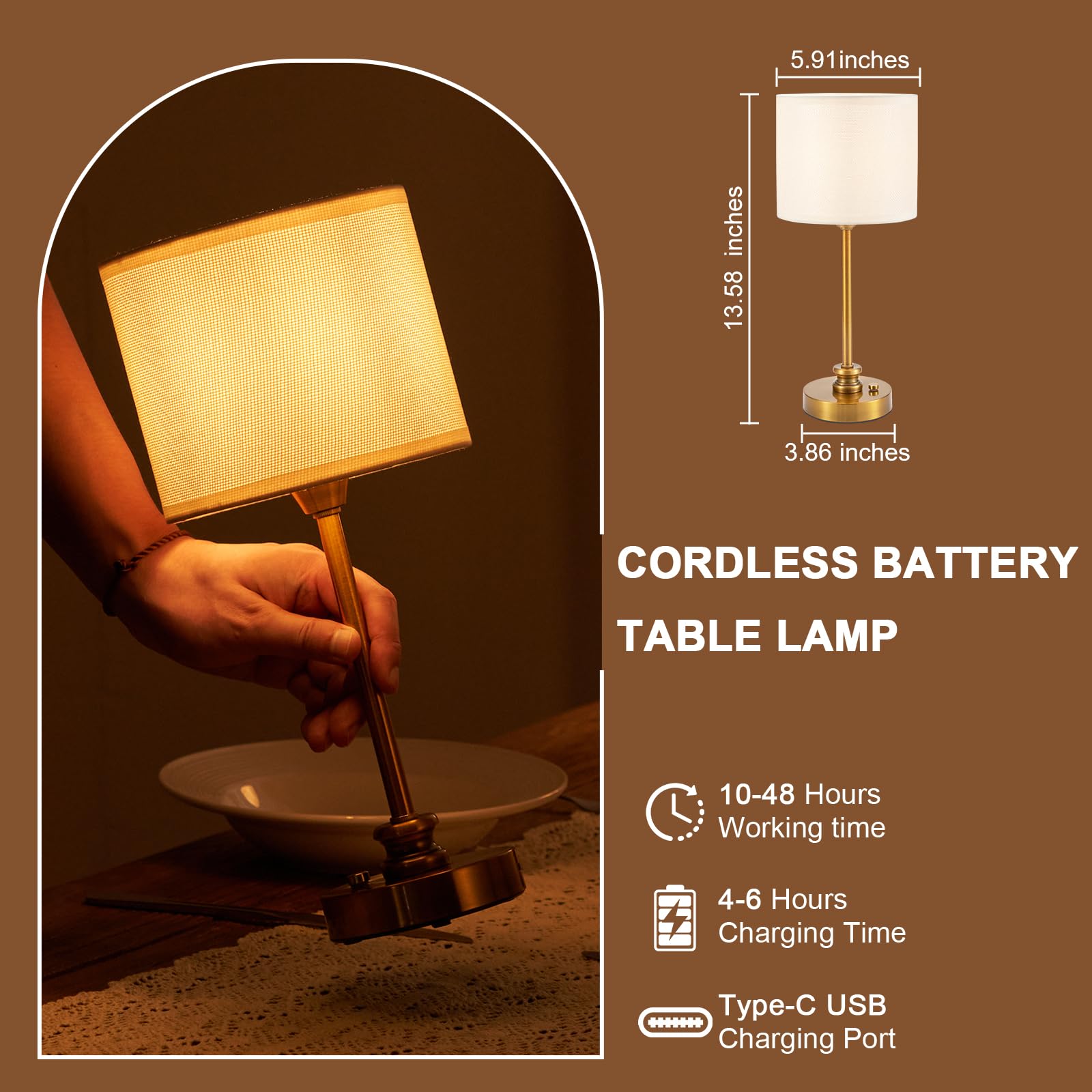 Intelive 2 Pack Cordless Led Table Lamps, 5200Mah Rechargeable Battery Operated Lamp, Dimmable Small Touch Nightstand Light Portable Lamp For Side/Restaurant/Patio, Antique Brass