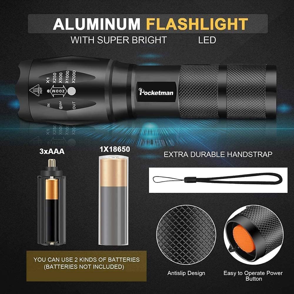 Pocketman Led Tactical Flashlight Super Bright 2000 Lumen Led Flashlights Portable Outdoor Water Resistant Torch With 5 Light Modes（10Pack）