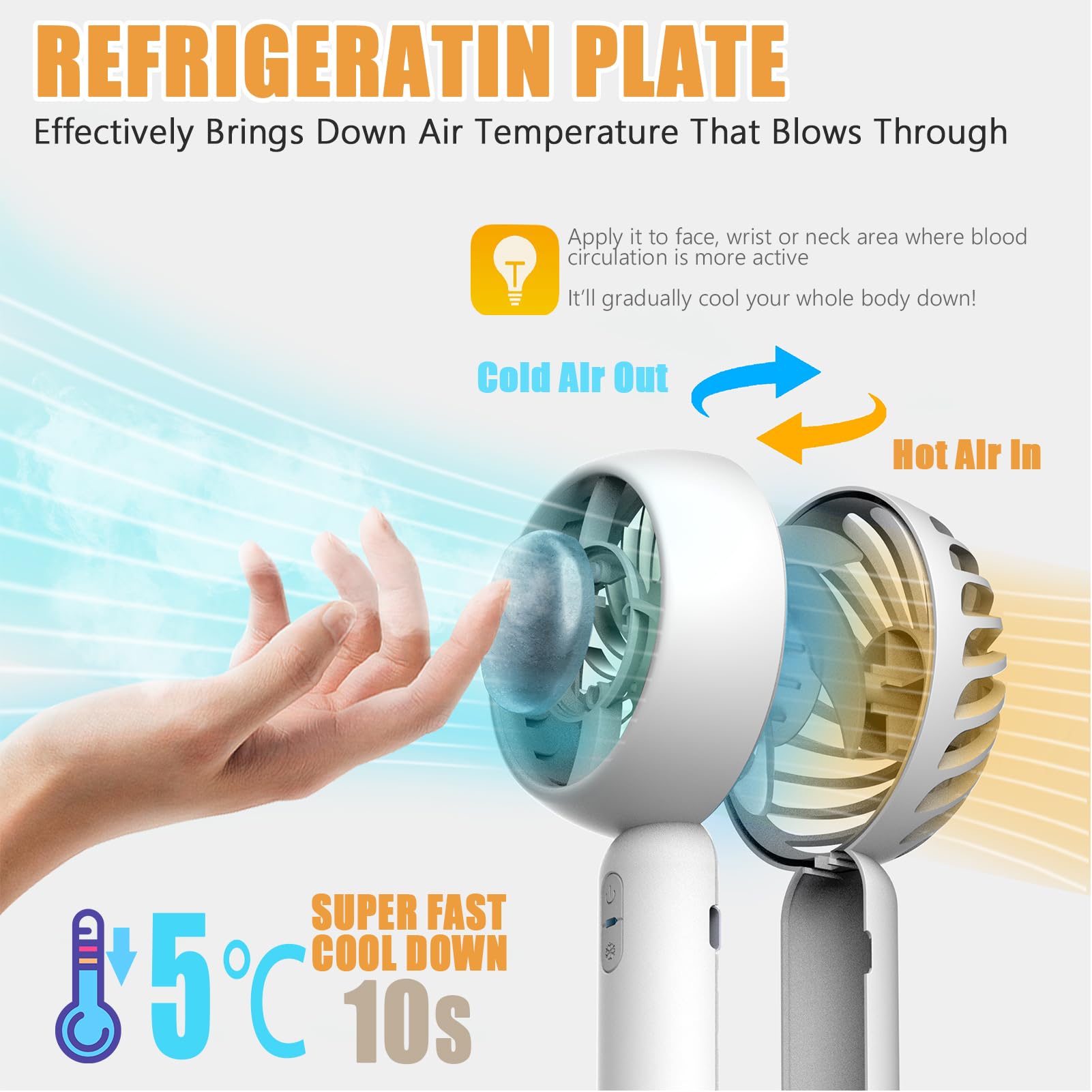Portable handheld cooling fan with ice pad, perfect for personal cooling and quick heat relief on-the-go
