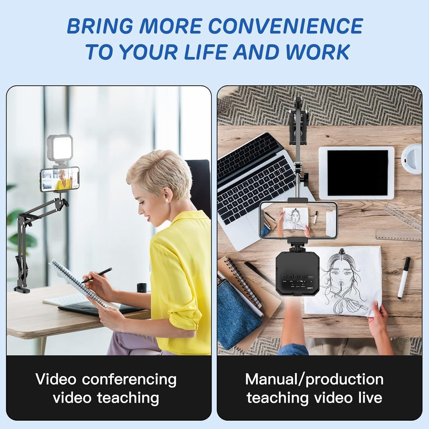 Ljinge Overhead Phone Mount, Articulating Arm Cell Phone Holder With Led Light, Flexible Phone Stand For Live Streaming, Video Recording, Painting Lighting, Cooking