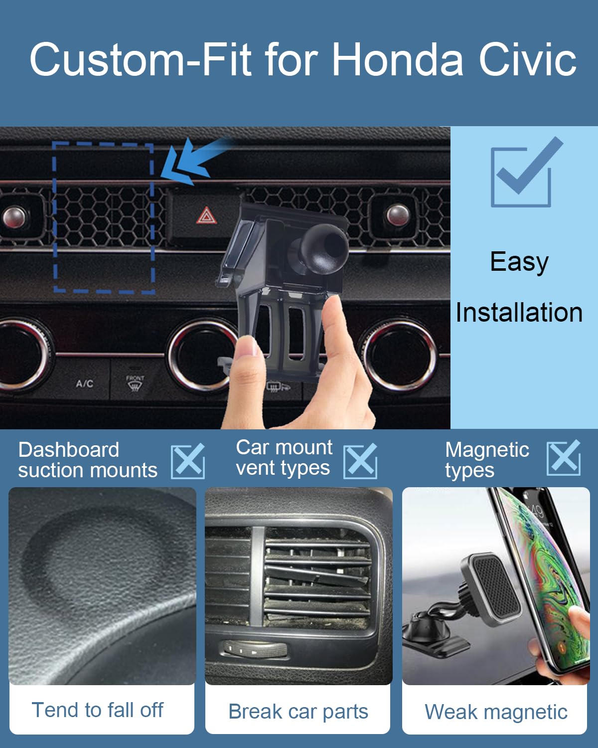Oricarmes Civic Phone Mount Civic Phone Holder For   Civic Accessories Custom Fit For     Civic Compatible For All Cell Phones