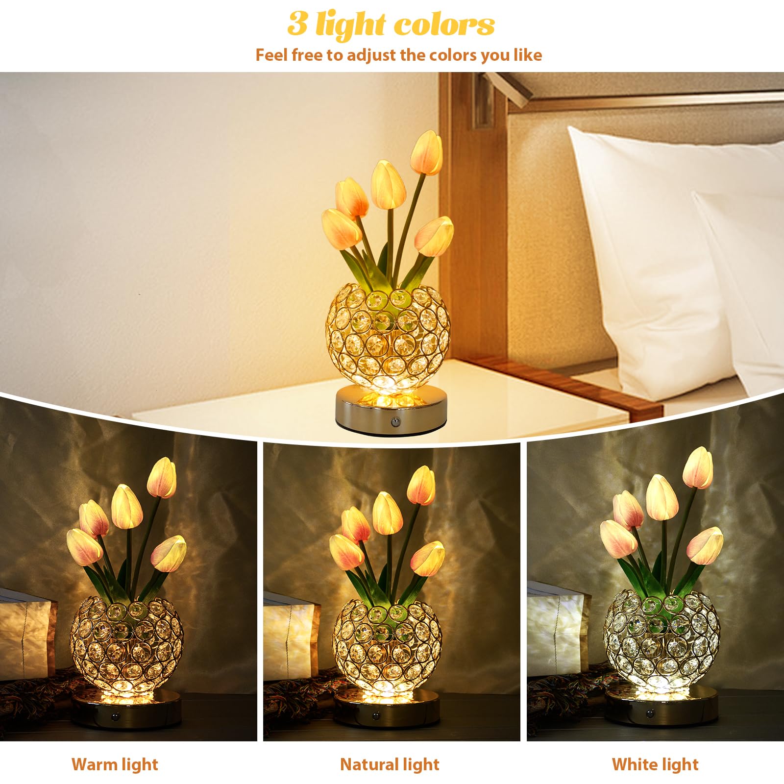 Lumsoloire Tulip Flower Lamp,Rechargeable Cordless Touch Table Lamp,3-Colour Infinitely Dimming Battery Powered Small Night Light,Festival Restaurant Bedroom Bar Coffee Shop Birthday For Women Mom (Pink)