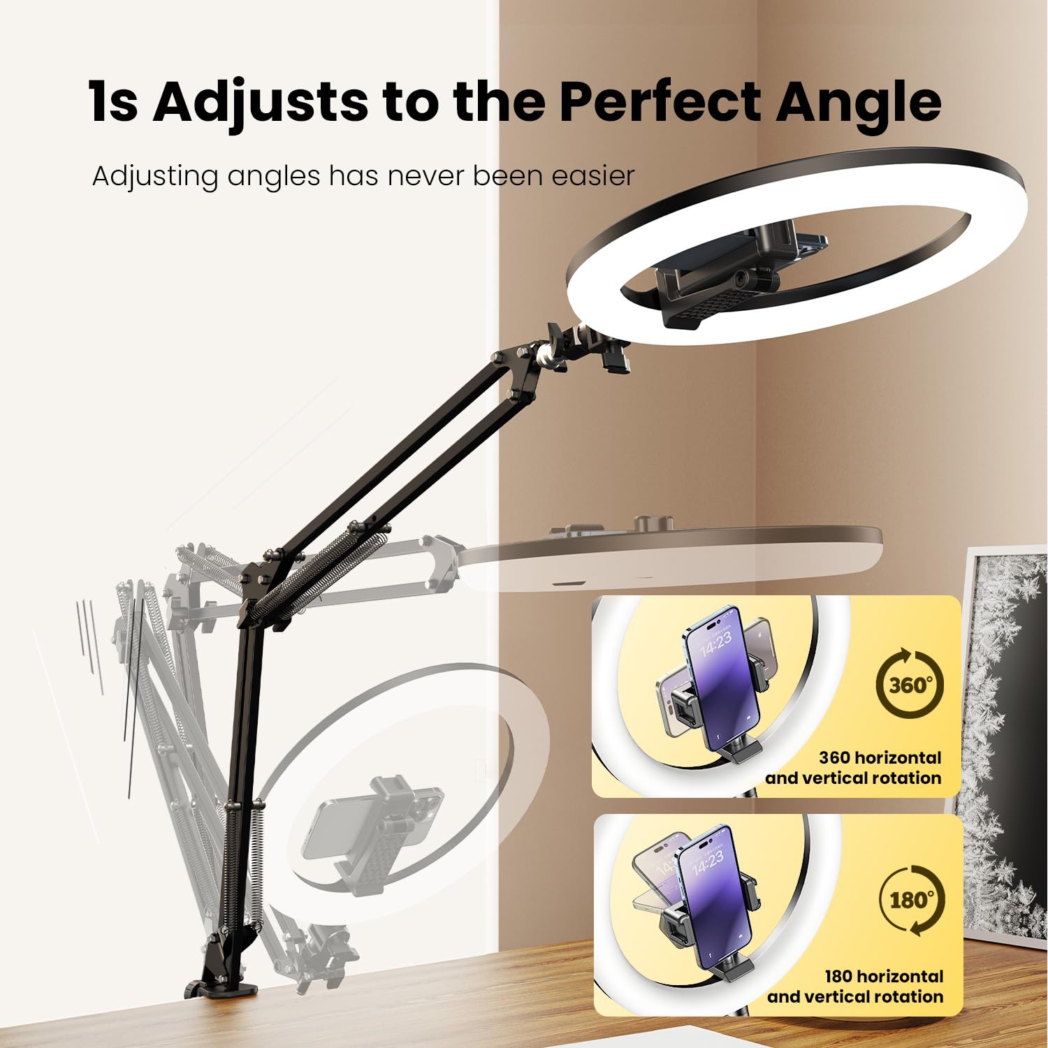 Atkttop 10.5'' Ring Light With Overhead Phone Mount [Anti-Shaking] Adjustable Led Selfie Circle Light Stable Iphone Desk Stand & Holder For Video Recording, Clamp Tripod For Live Stream,Tiktok,Youtube