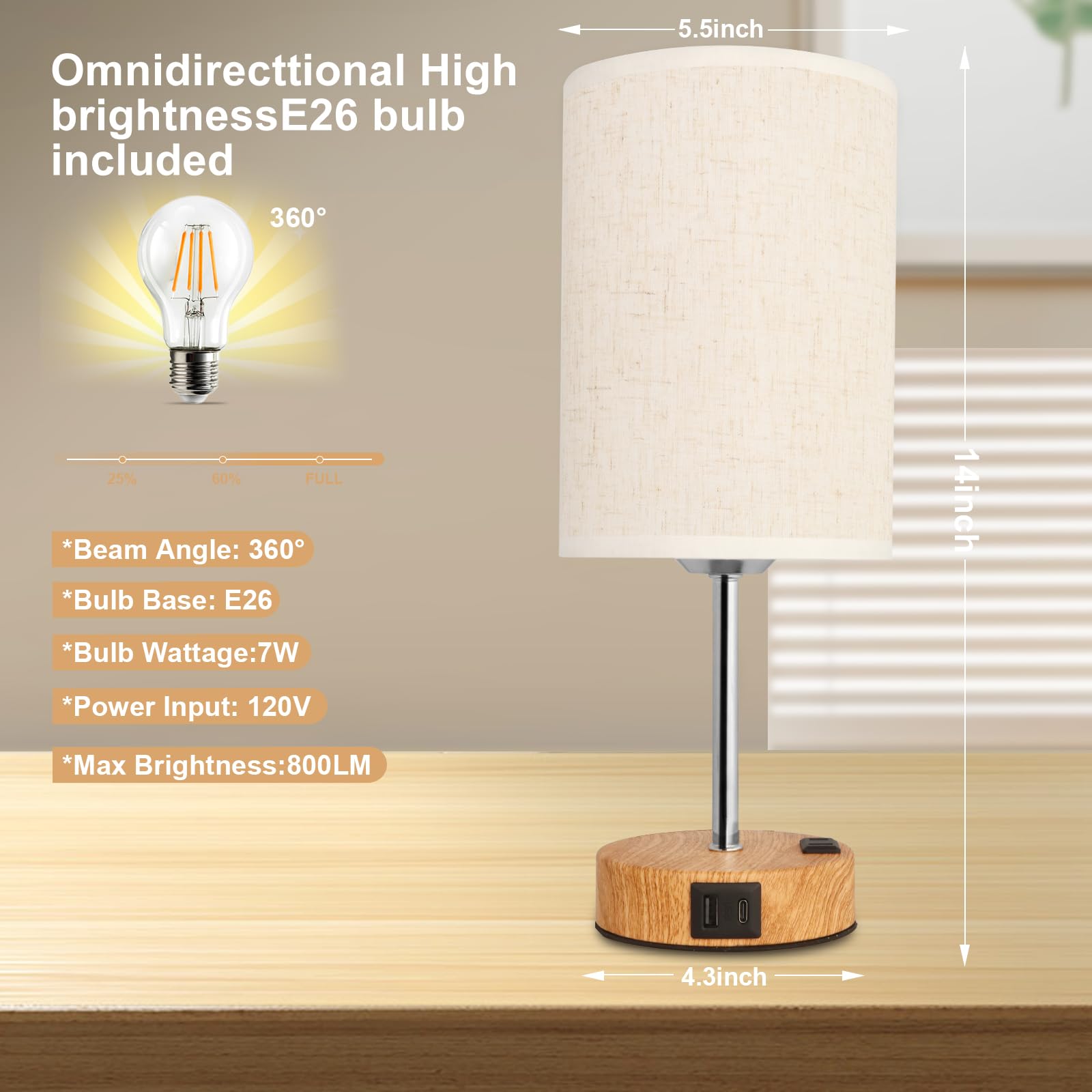 Novus Lighting Touch Table Lamp - 3 Way Dimmable Bedside Table Lamp With Usb-C Usb-A And Ac Charing Ports Wood Grain Base With Linen Lampshade E26 Bulb Included (Birch Wood Grain)