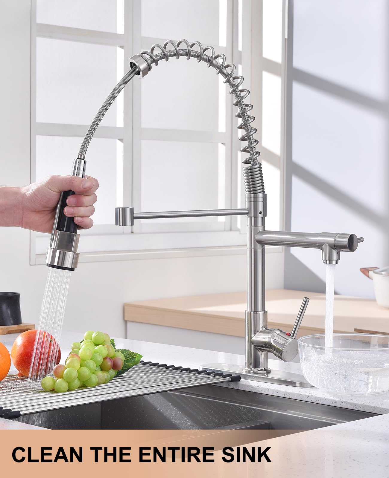 Jafeton Commercial Kitchen Faucet, High Pressure Industrial Kitchen Sink Faucet With Pull Down Sprayer, Double-Headed Stainless Steel Single Handle Kitchen Faucets 19.5" Height, 1 Or 3 Hole For All Kitchen