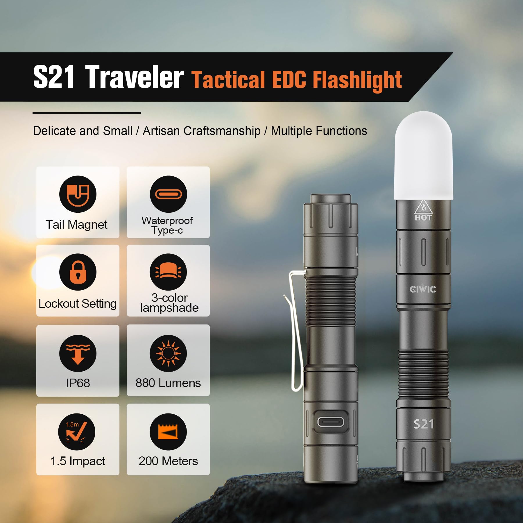Ciwic S-21 Multi-Function Edc Utility Flashlight 880Lm Rechargeable Keychain Flashlight Ip67 Waterproof With Tail Magnet Outdoor Emergency Camping Lights (Gray)