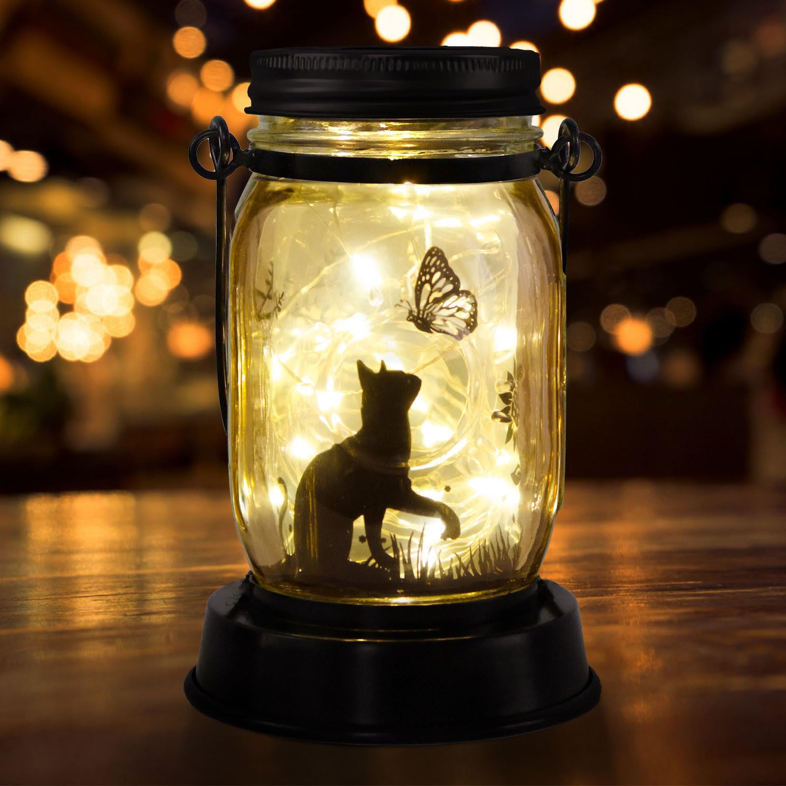 Jobosi Cat Butterfly Solar Light, Fairy Lantern Garden Lights, Jar Bottle Light, Solar Lanterns Outdoor Garden Decor, Mom Gift, Grandma Gift,  For Mother, Cat Lover 