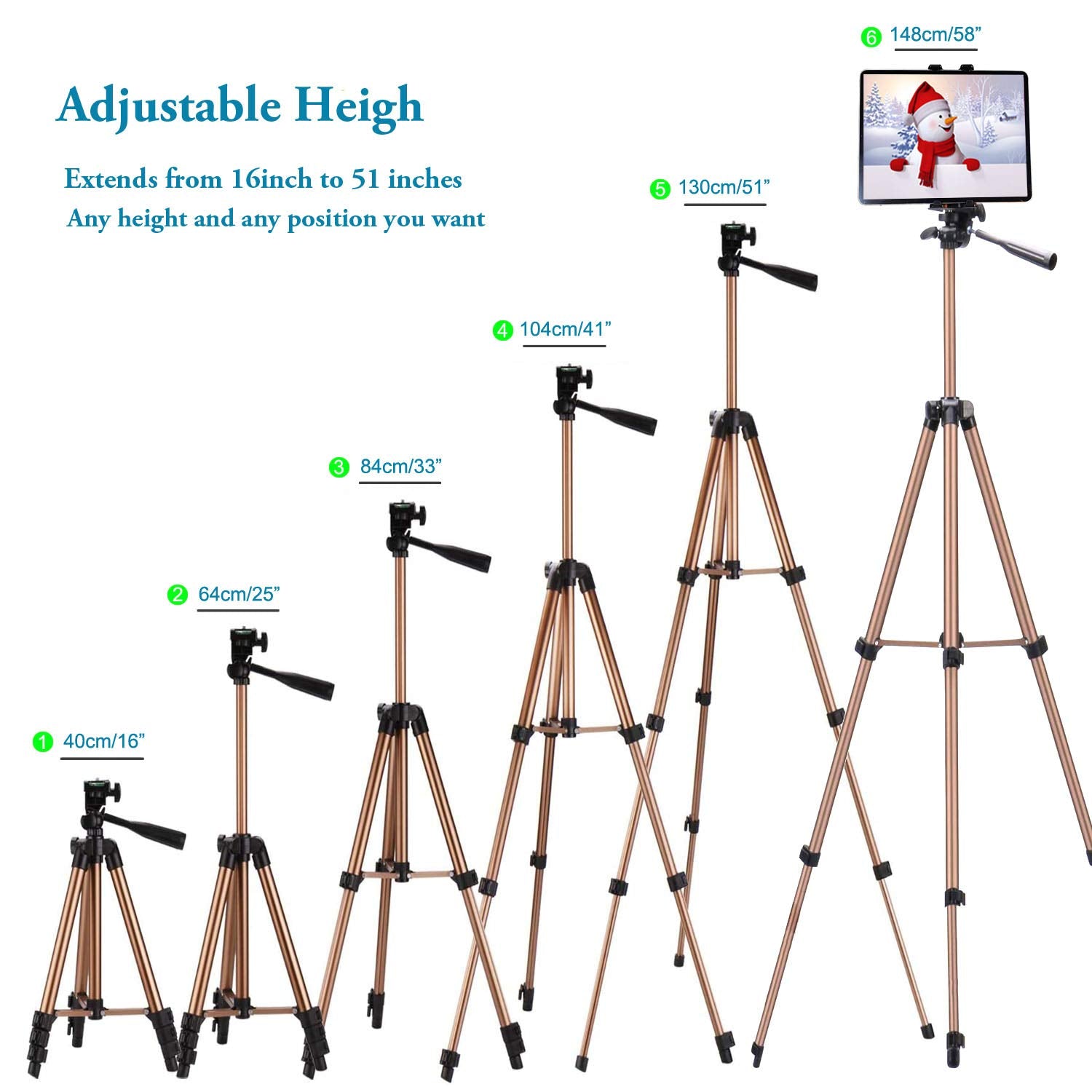 Atoptek Aluminum Tablet Tripod Stand - 51 Inch Adjustable Height Mount Holder For Ipad Pro, Air, Mini, Surface, Galaxy Tab & 3.5 To 13.5In Phone - Champagne