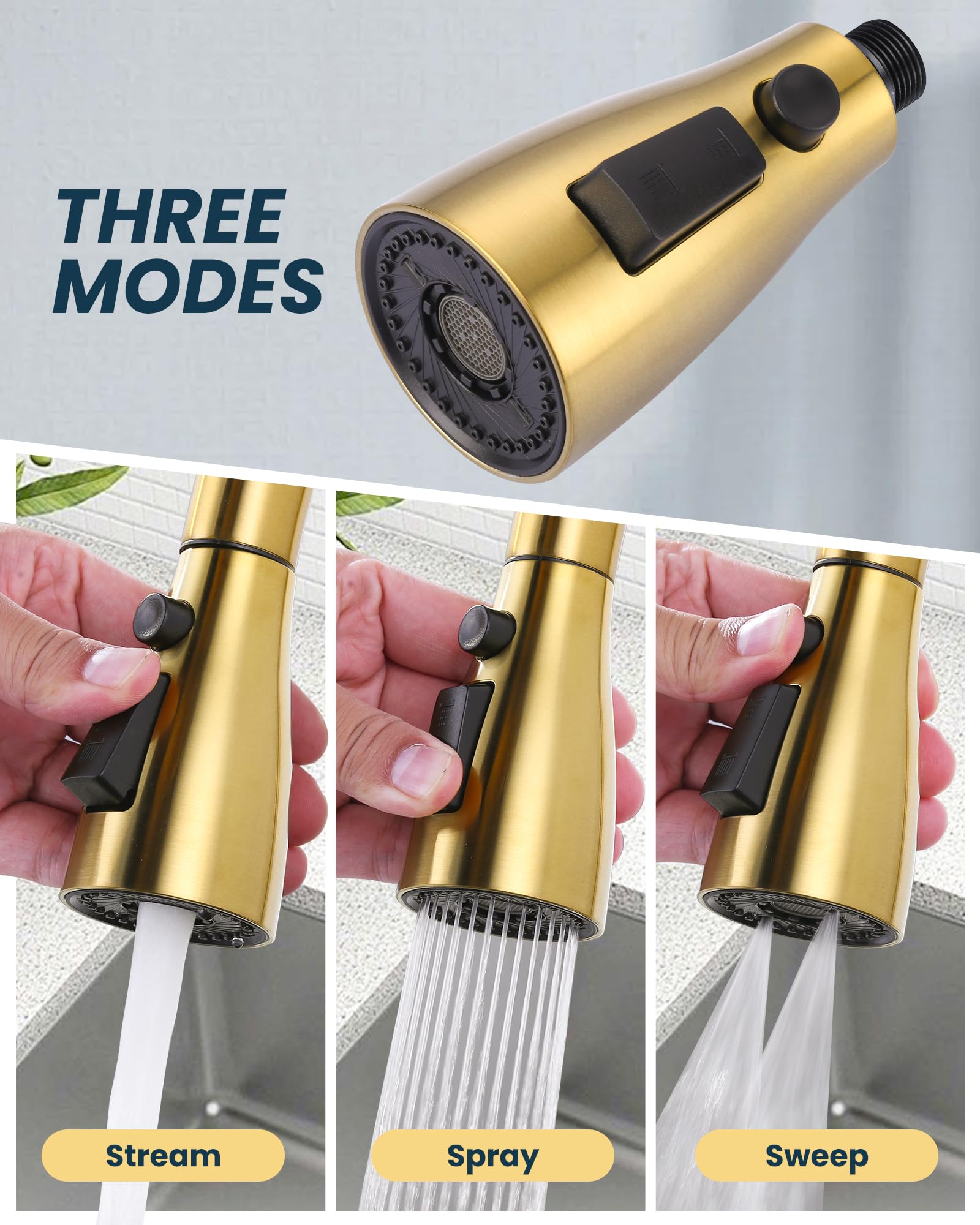 Arcora Kitchen Faucet Spray Head Brushed Gold, 3-Function Kitchen Sink Spray Nozzle With 9 Adapters, Kitchen Faucet Head Replacement Compatible With Moen, Delta, American Standard Faucets