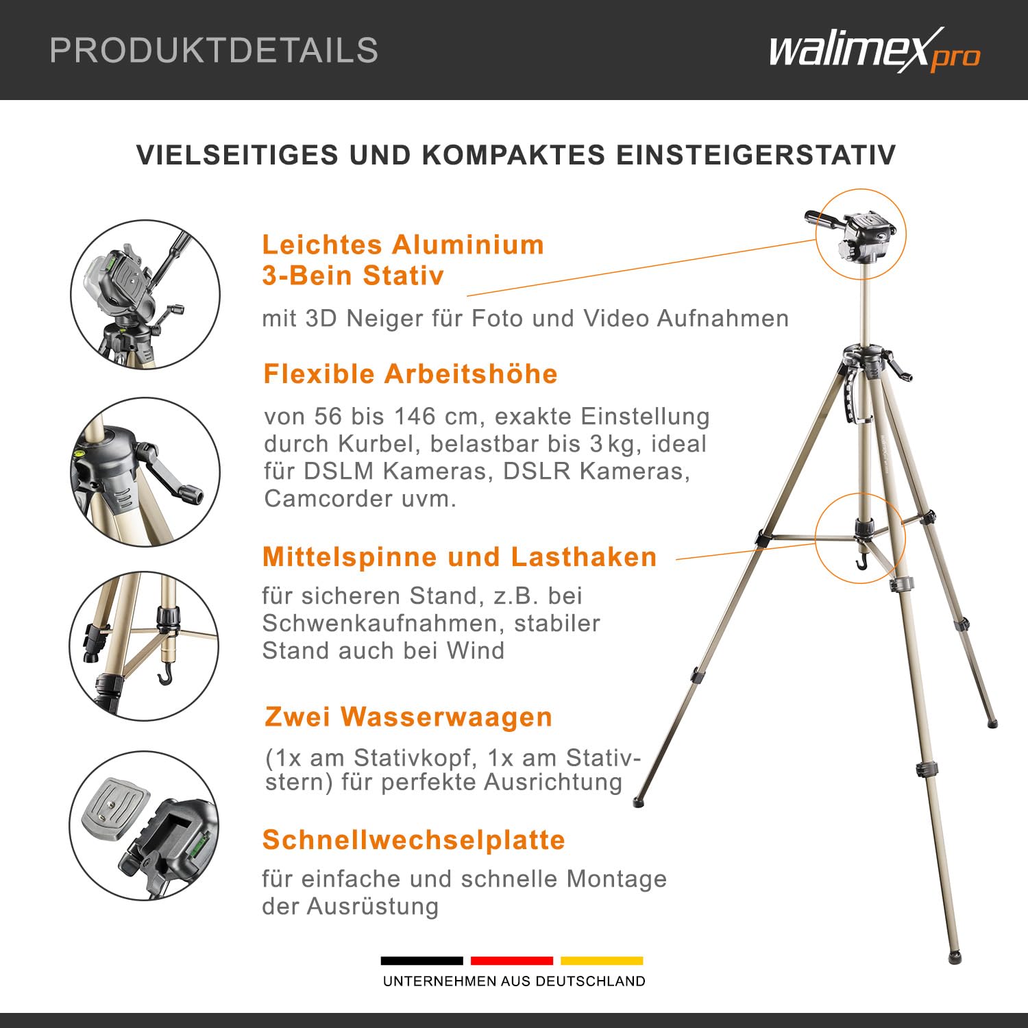 Walimex Pro Walimex Wt-3530 Basic Tripod With 3D Panhead, 146 Cm (Max. Load-Bearing Capacity 3 Kg, Incl. Carry Bag, One Spirit Level, 1 Level)