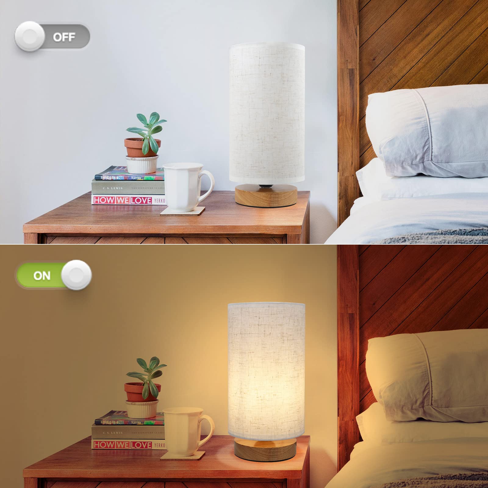Seensiny Small Bedside Night Table Lamp For Bedroom, Minimalist Nightstand Lamp With Round Fabric Linen Shade, Study Reading Desk Lamp For Kids Room, Living Room, College Dorm, Home, Office
