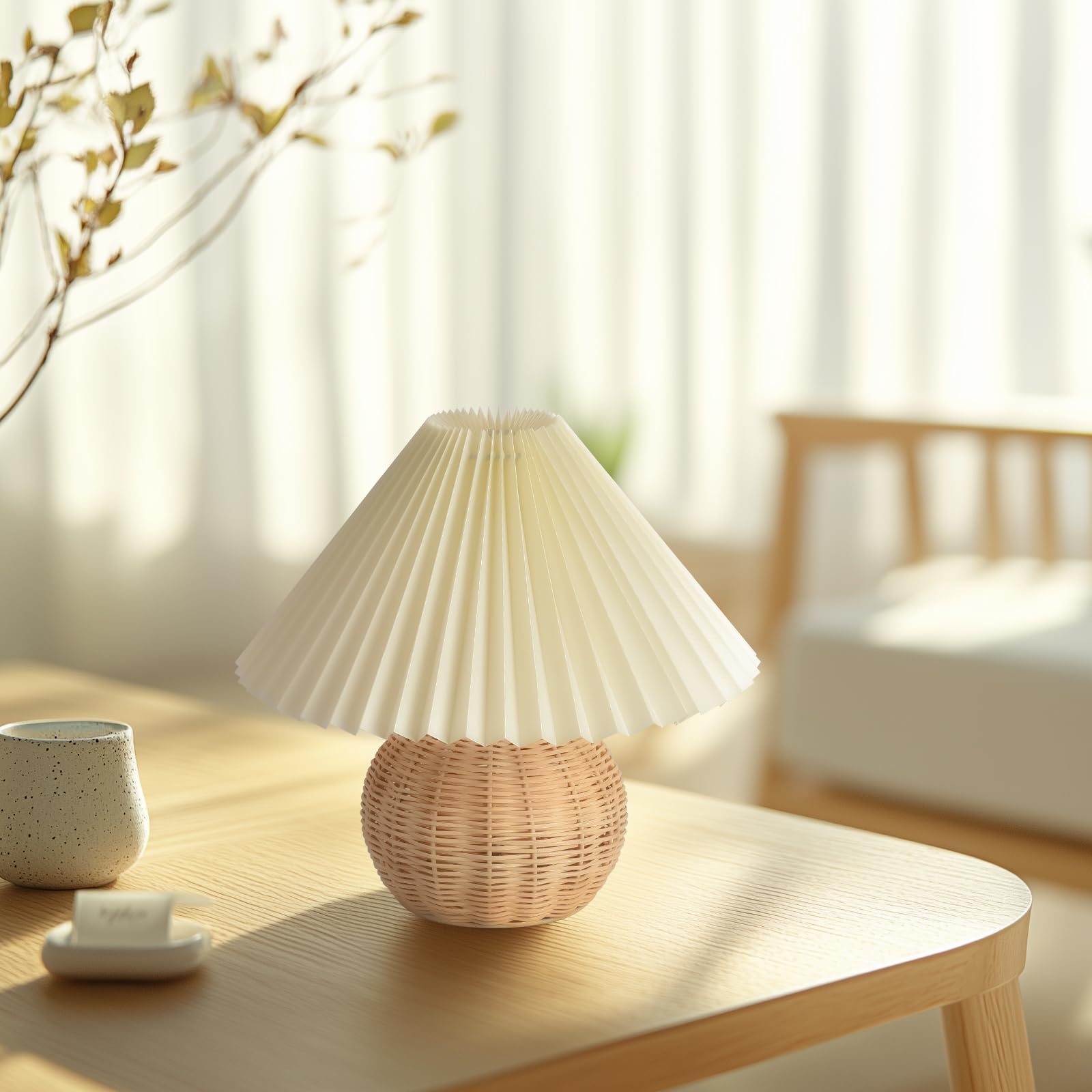 Kunjoulam Pleated Table Lamp, 11" Bedside Nightstand Lamp With Rattan Metal Base, Desk Light For Bedroom Living Room Home Office Decor Without Bulb