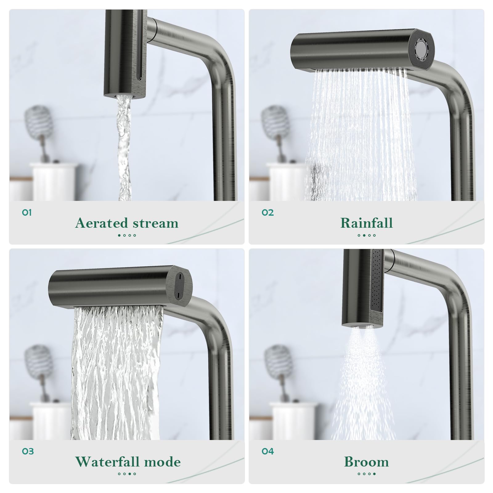 Vallisco Waterfall Kitchen Faucet With Pull Down Sprayer, 4 Modes Function Sprayer Single Handle Sink Faucet，360° Rotatable Kitchen Sink Faucet Easy Installation Commercial Modern Faucets For Kitchen