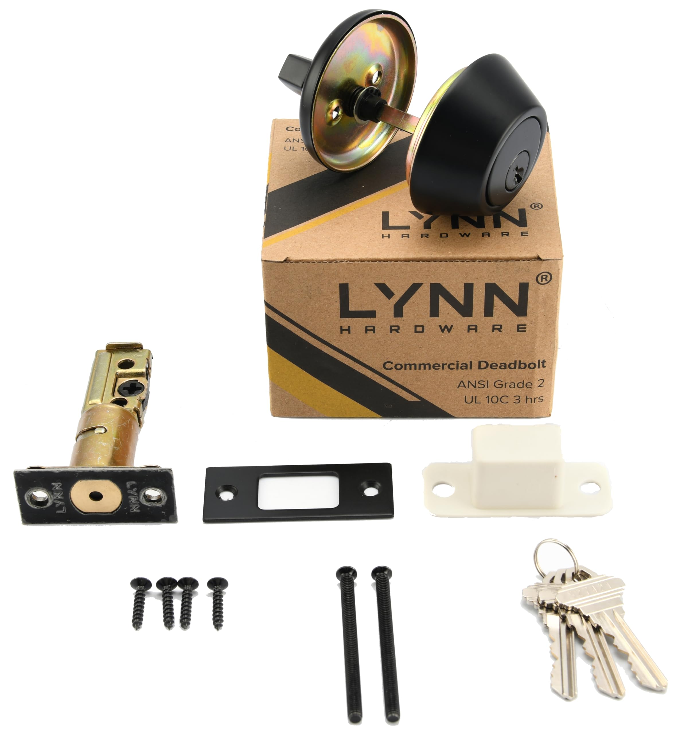 Lynn Hardware Heavy Duty Designer Commercial Deadbolt (Single Cylinder Lock, Matte Black, Us19) Non-Handed, Grade 2 Industrial - Ul 3 Hour Fire Rated & Ada Compliant  Wood Or Metal Doors
