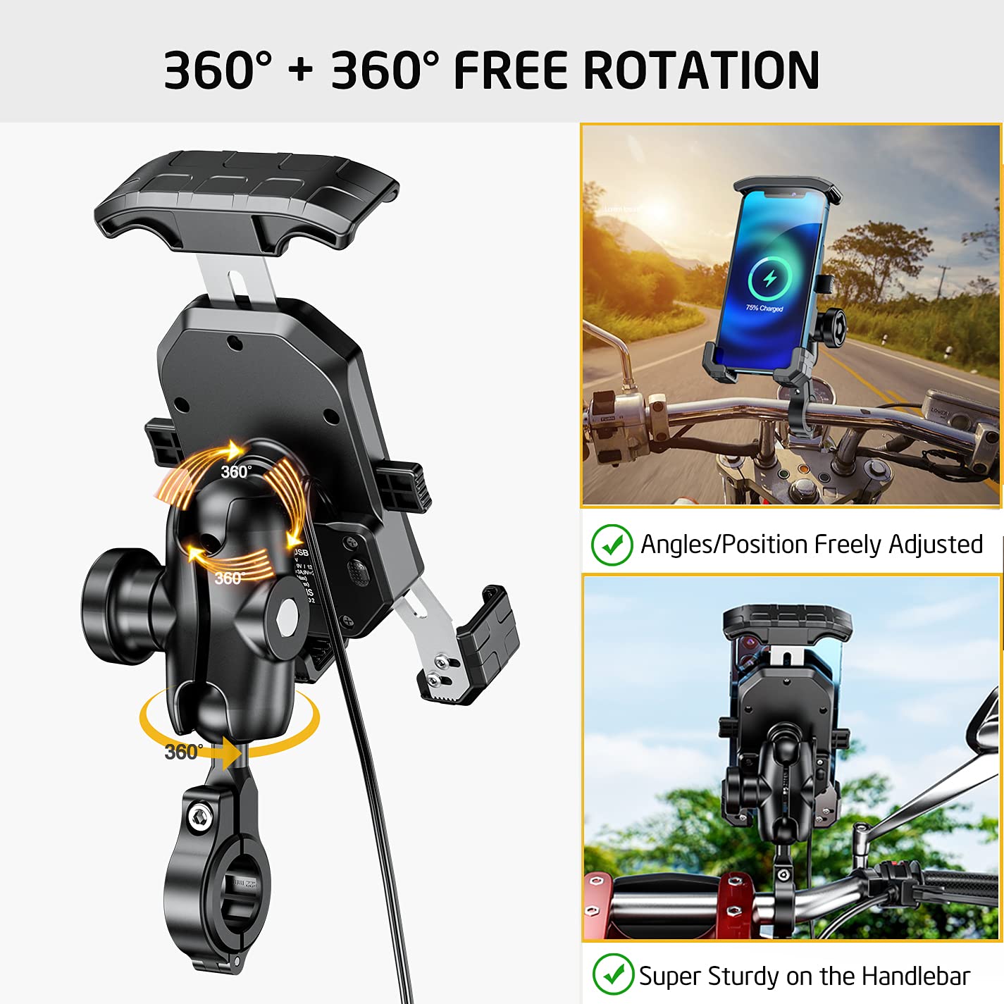 Imestou Anti-Theft Motorcycle Wireless Phone Mount Charger 15W & Usb C 3A Handlebar 1" Ball Phone Holder Works With 12V/24V Vehicle/Usb A Socket 720 Rotation Quick Charge For 4.0-7.0" Cellphones