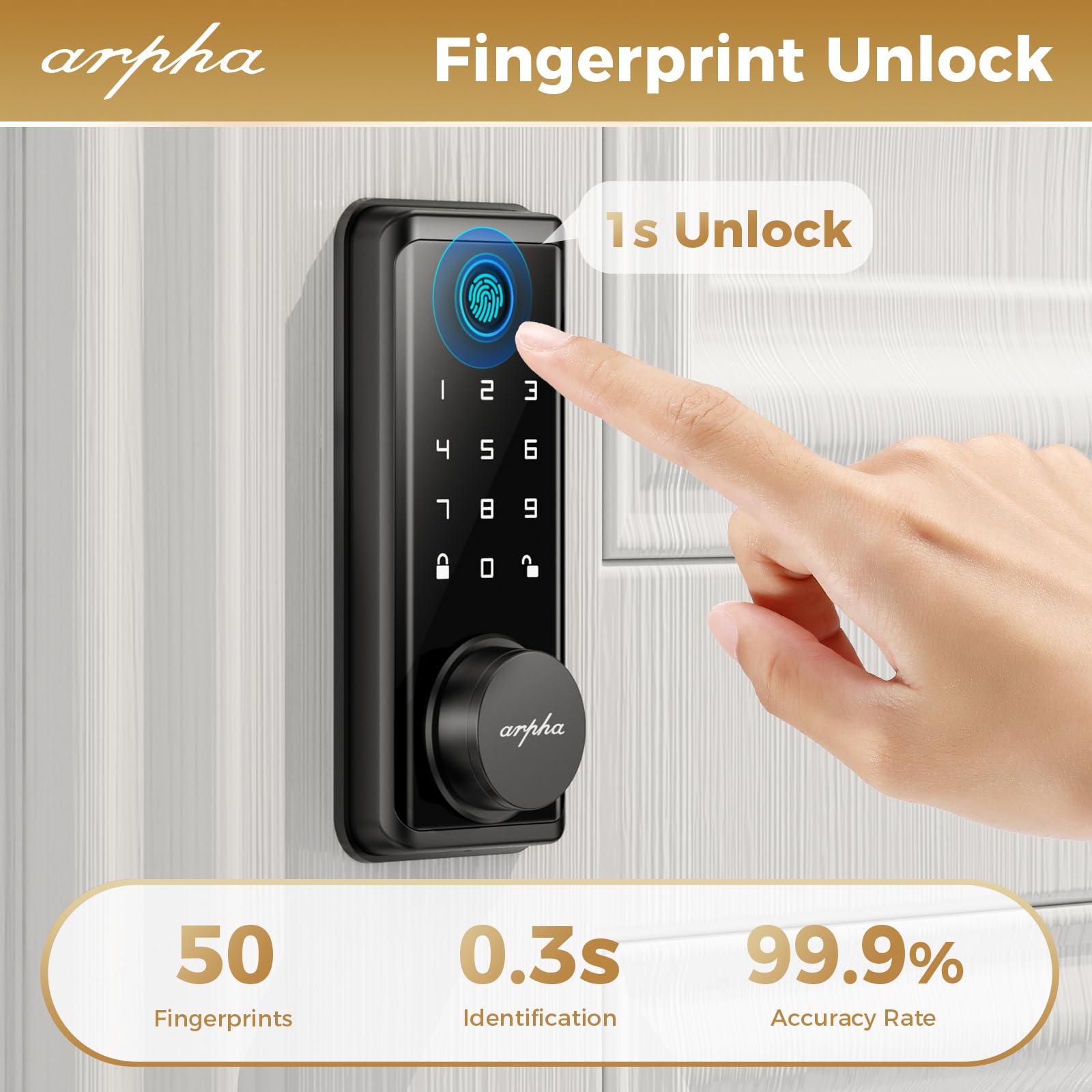Arpha Fingerprint Door Lock • Keyless Entry Door Lock Deadbolt • Multiple Entry Methods – App • Fingerprint Touch Id • Keypad Code • Traditional Key • Auto-Lock • Ip54 Waterproof • Easy To Install, Black