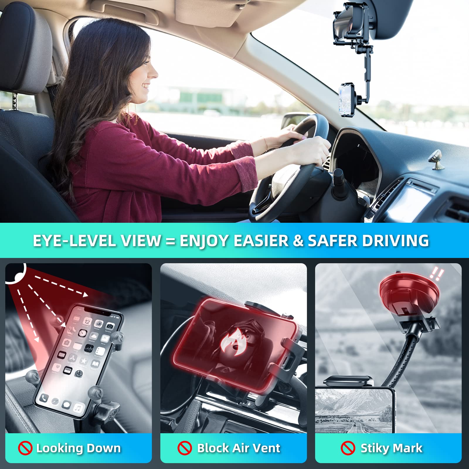 Fonken Phone Mount For Car, 360° Rotatable And Retractable Car Phone Holder Mount  Adjustment Rear View Mirror Phone Holder For Car Universal Rearview Mirror Cell Phone Car Mount Fit For All Smartphones