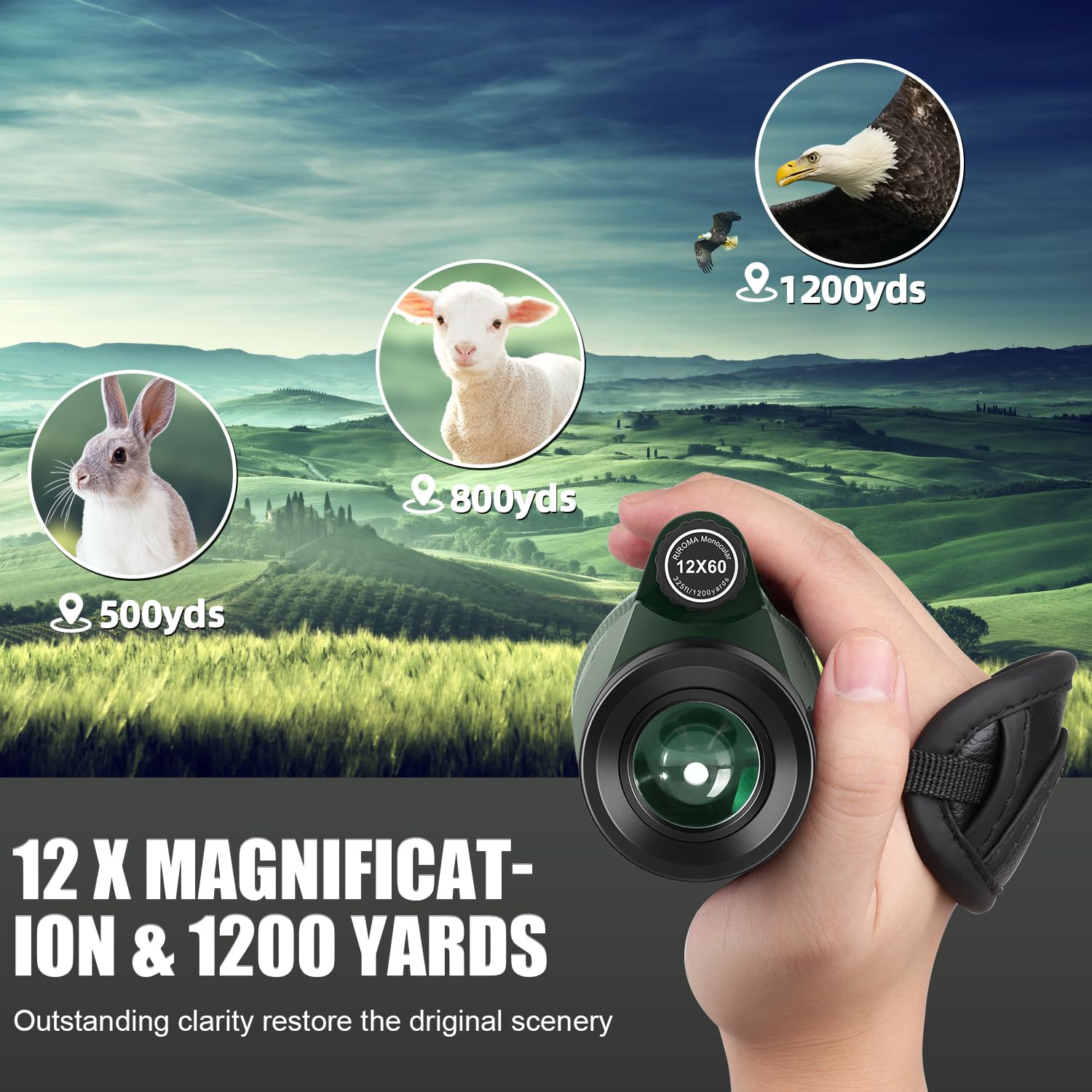 Riroma Monocular - Telescope 12X60 Hd Monocular With Smartphone Adapter Tripod & Portable Bag, Monoculars For Adults High Power With Bak4 Prism & Fmc Lens, Suitable For Bird Watching Hunting Hiking Camping