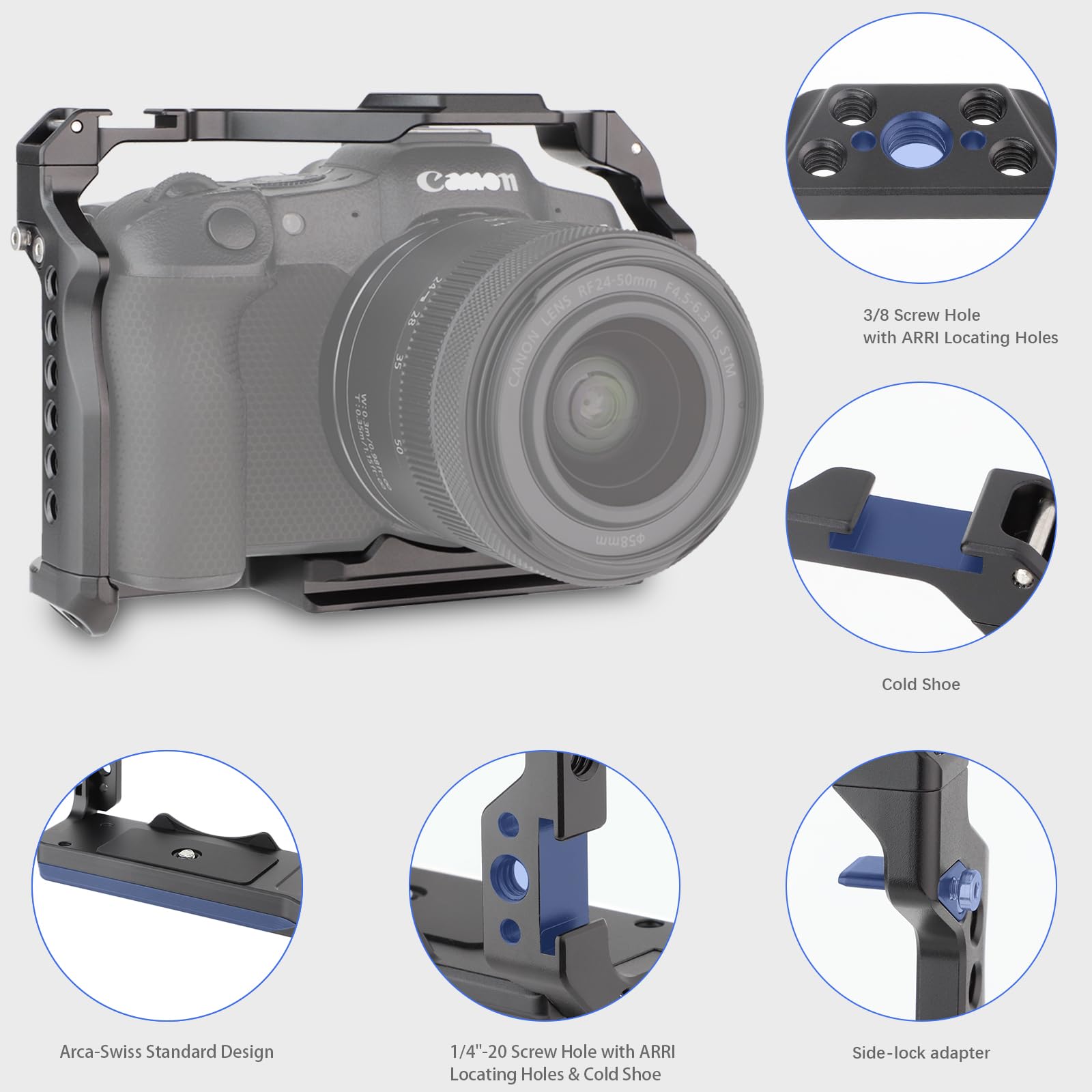 Leftfoto Camera Cage For Canon R8 - Camera Protection Frame Rig For Eos R8 With Arca Base,Cold Shoe,Strap Slot,1/4 3/8 In Screw Holes,Compatibility With Dji Rs2 3 Stabilizer- For Vlog Video Shooting