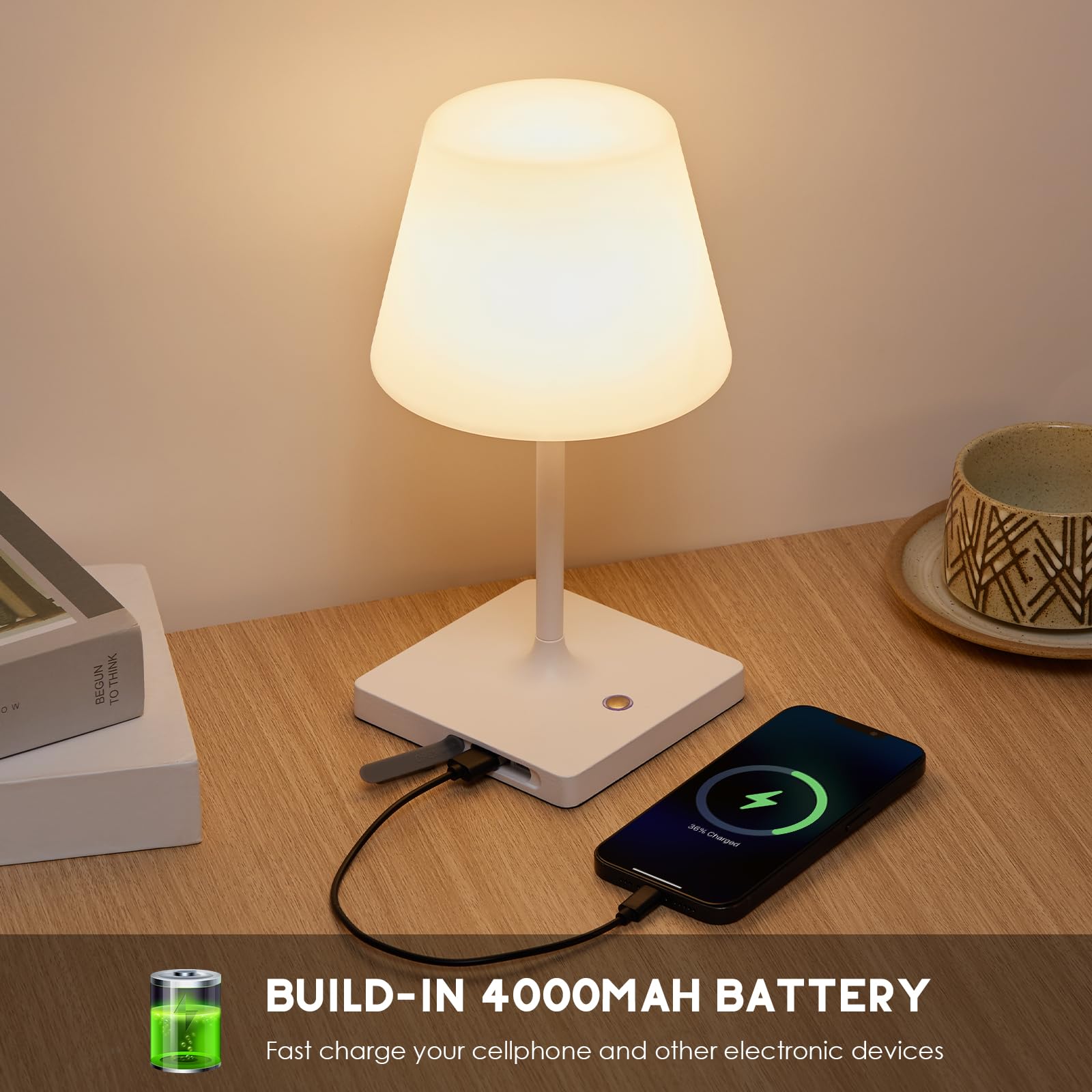 Deogos Portables Cordless Table Lamp, Outdoor Battery Operated Desk Lamp Waterproof, Built-In Rechargeable Battery, Touch Dimmable Night Light For Patio Camping Restaurant Home, Wood Grain