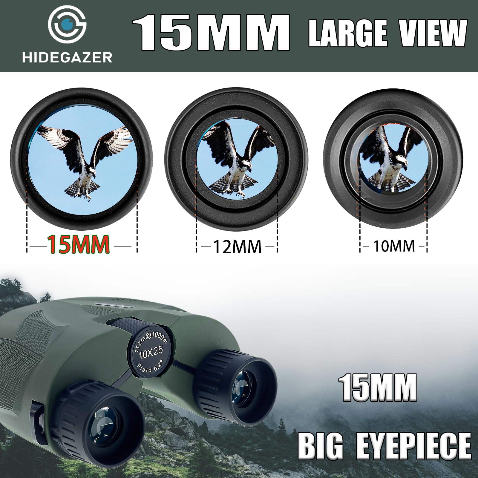 Hidegazer High Powered Binoculars For Adults And Kids，10X25 Compact Binoculars For Bird Watching - Easy Focus Binoculars With Large Eyepiece For Hunting,Travel,Hiking And Sport Games (Olive)