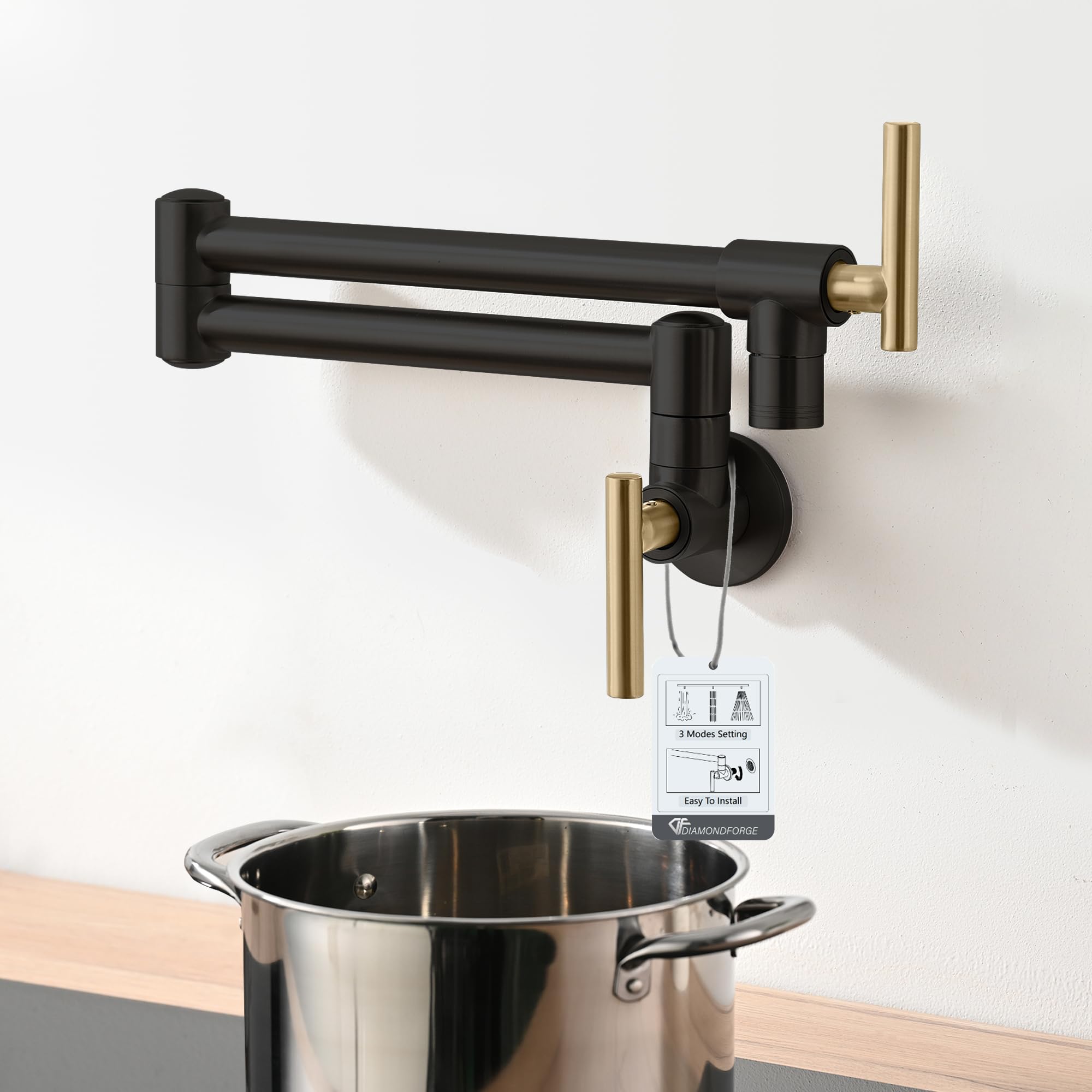 Diamondforge Pot Filler Faucet - For Kitchen, Sink, Stove And Bar With Brass Wall Mount Double Joint Swing Arms - Leak  Designs With High-Flow Aerators - Retractable And Folding Save Space - Brushed Black Gold