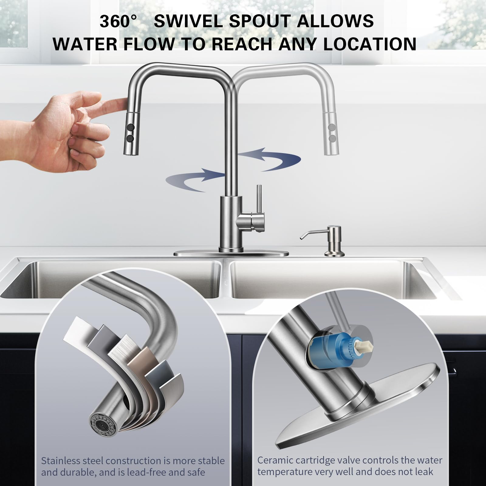 Peppermint Kitchen Faucet With Pull Down Sprayer And Soap Dispenser, Stainless Steel Brushed Nickel Low Pull Out Faucets For Kitchen Sink Soap Dispenser