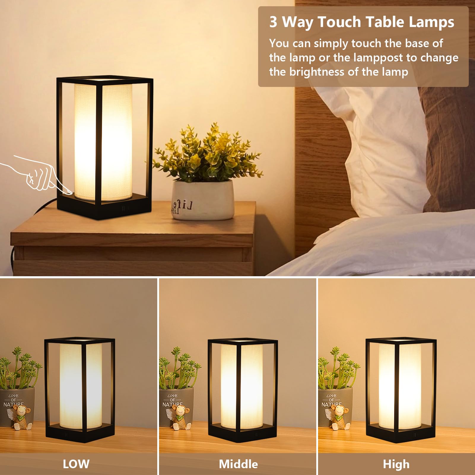 Jobtical Touch Small Table Lamp For Bedroom,Square Boho Desk Lamp For Nightstand With Fabric Linen Shade,3-Way Dimmable Reading Bedside Table Lamp With Usb Charging Port For Living Room,Office