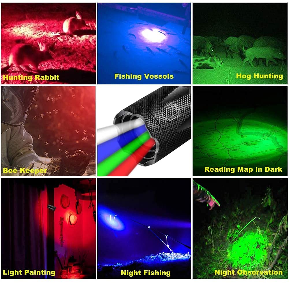 Junchi 4 Color In 1 Multicolor Flashlight Rechargeable 150000 Lumens Red White Blue Green Multi-Color Rgbw Led Flashlights Zoomable Waterproof Utility Flash Light For Night Vision Fishing Astronomy