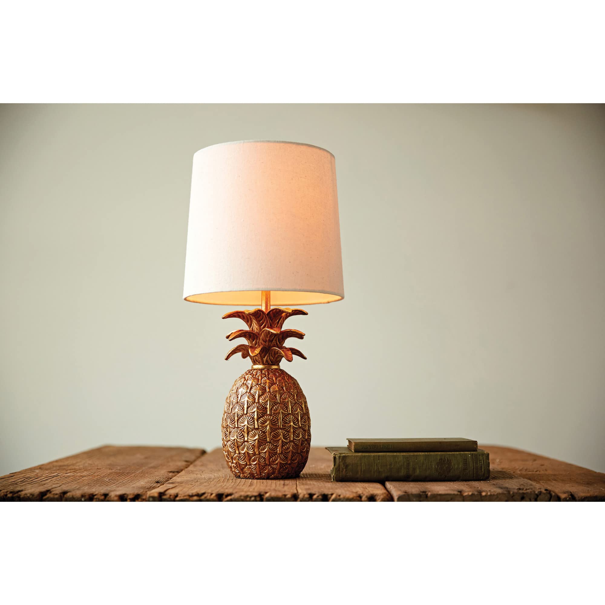 Creative Co-Op Pineapple Shaped Table Lamp With Distressed Gold Finish & Linen Shade