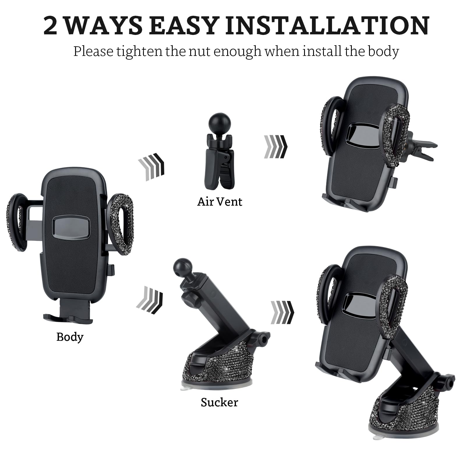 Eing Car Phone Mount Holder Dashboard Air Vent Windshield,Compatible With Iphone 12/11/11 Pro/8 Plus/8/Se/X/Xr/Xs/7 Plus Samsung S20/S10/S9/S8,Moto,Huawei,Nokia,Lg,Smartphones,Black