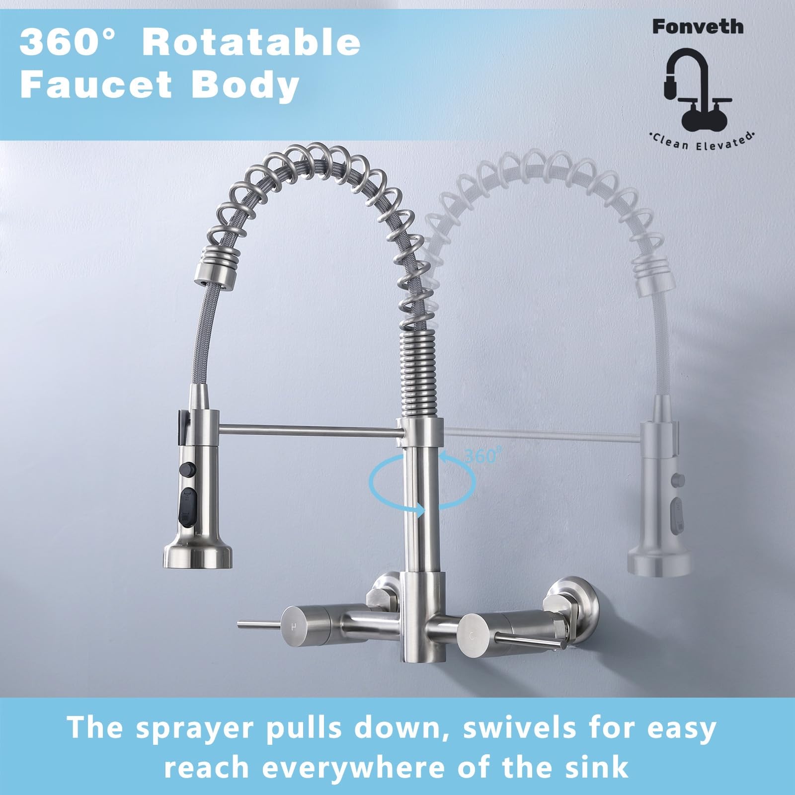Fonveth Wall Mount Kitchen Faucet, 8 Inch Center Wall Mount Kitchen Sink Faucet With Pull Down Sprayer Commercial, Brushed Nickel