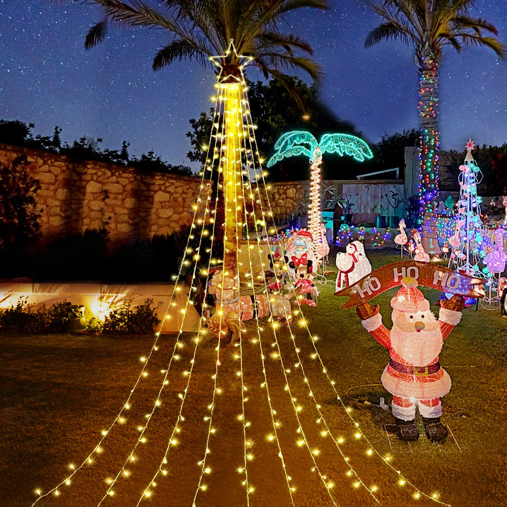 Funiao Christmas Decoration Lights, 320 Led Waterfall Christmas Tree Lights With 12" Star Topper, 8 Modes Indoor Outdoor String Lights For Yard, Party, Home, Holiday (Warm White)