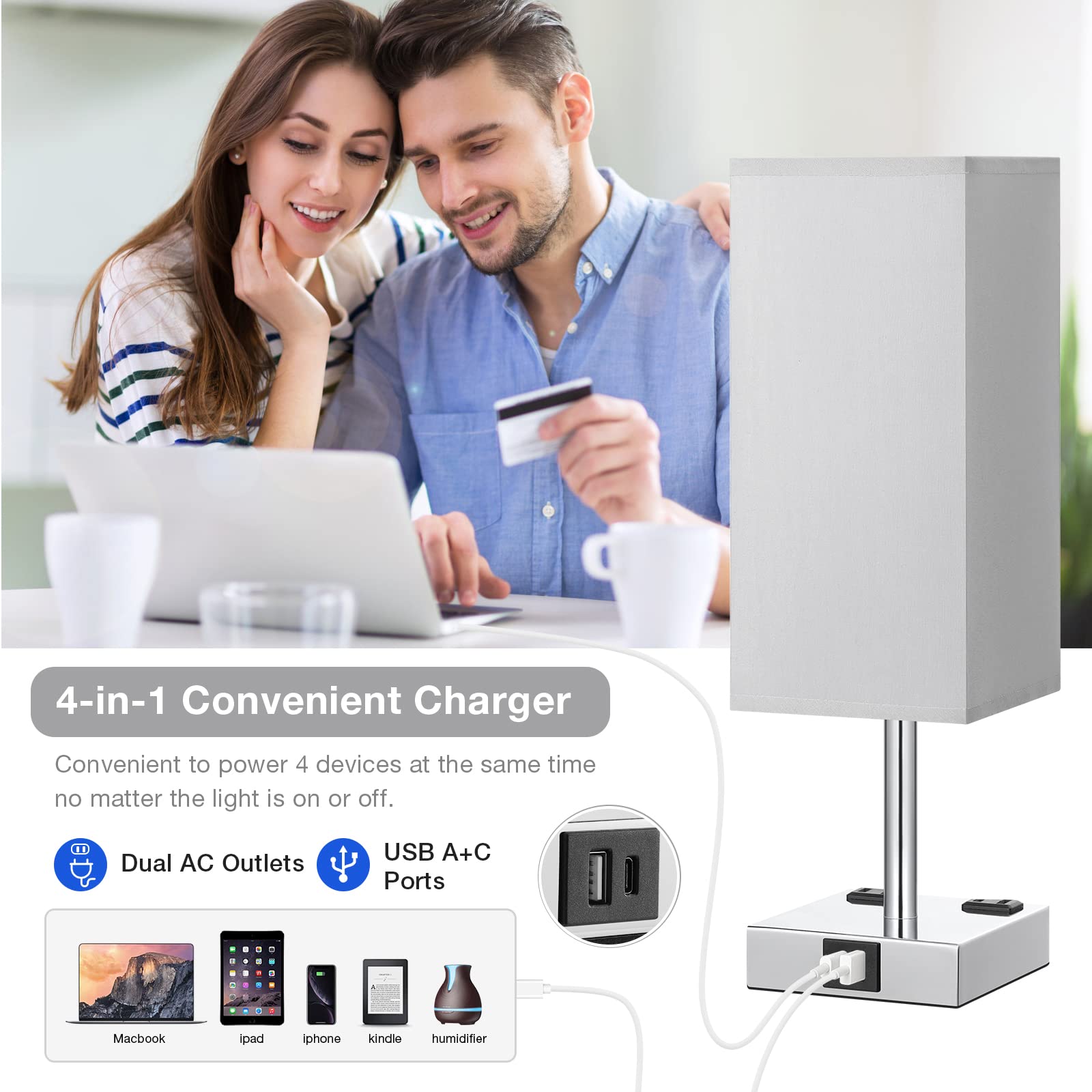 Aooshine Bedside Table Lamp Touch Control, With Usb C+A Charging Ports & Dual Ac Outlets, 3-Way Nightstand Lamp For Bedroom With Lampshade Living Room Office(Led Dimmable Bulb Included)
