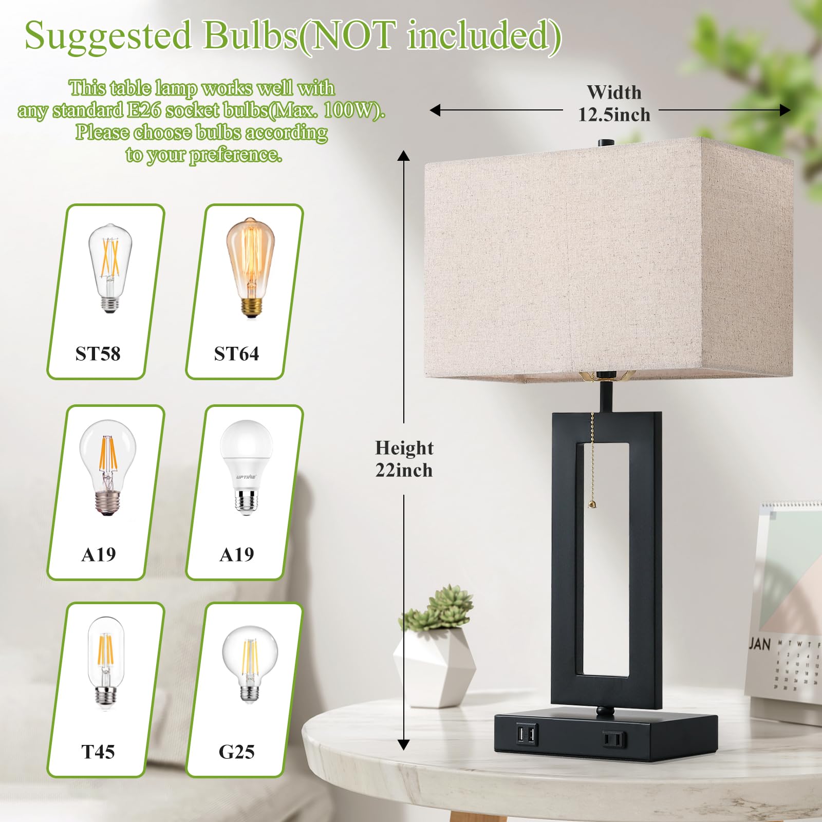 Ibbibabo Set Of 2 Table Lamps With 2 Usb Ports&Ac Outlet, 22.5” Black Industrial Bedroom Bedside Lamps, Modern Nightstand Lamps For End Table Living Room Office Home, Cream Fabric Lampshade&Pull Chain