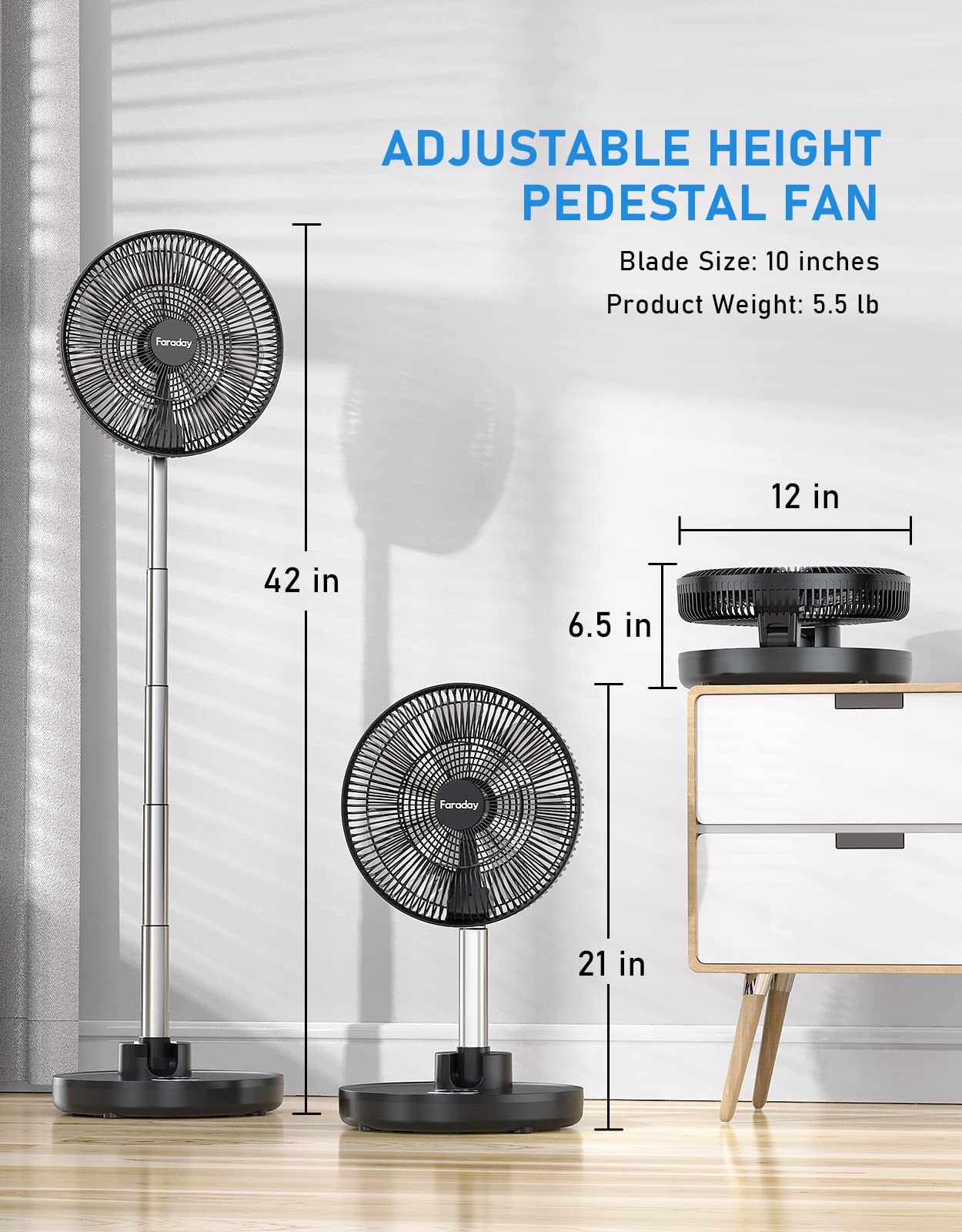 Faraday Oscillating Standing Fan 12” Foldable Portable Quiet Floor Fan 12000Mah Rechargeable