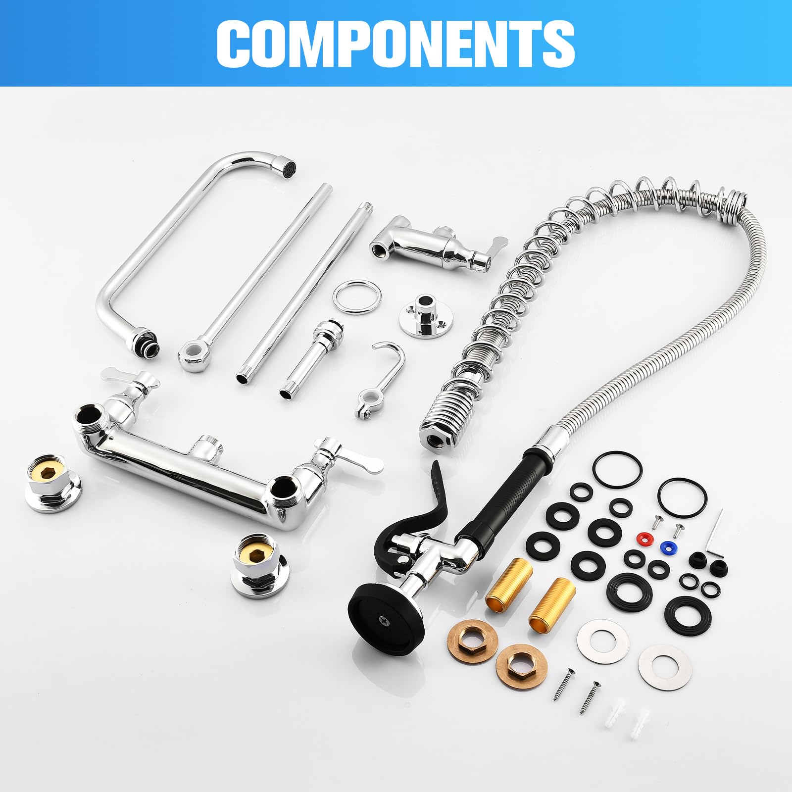 Aplwy Commercial Sink Faucet With Sprayer 36" Height 8" Adjustable Center, Commercial Wall Mount Kitchen Sink Faucet With Pre-Rinse Sprayer And 12" Swing Spout For Restaurant Industrial