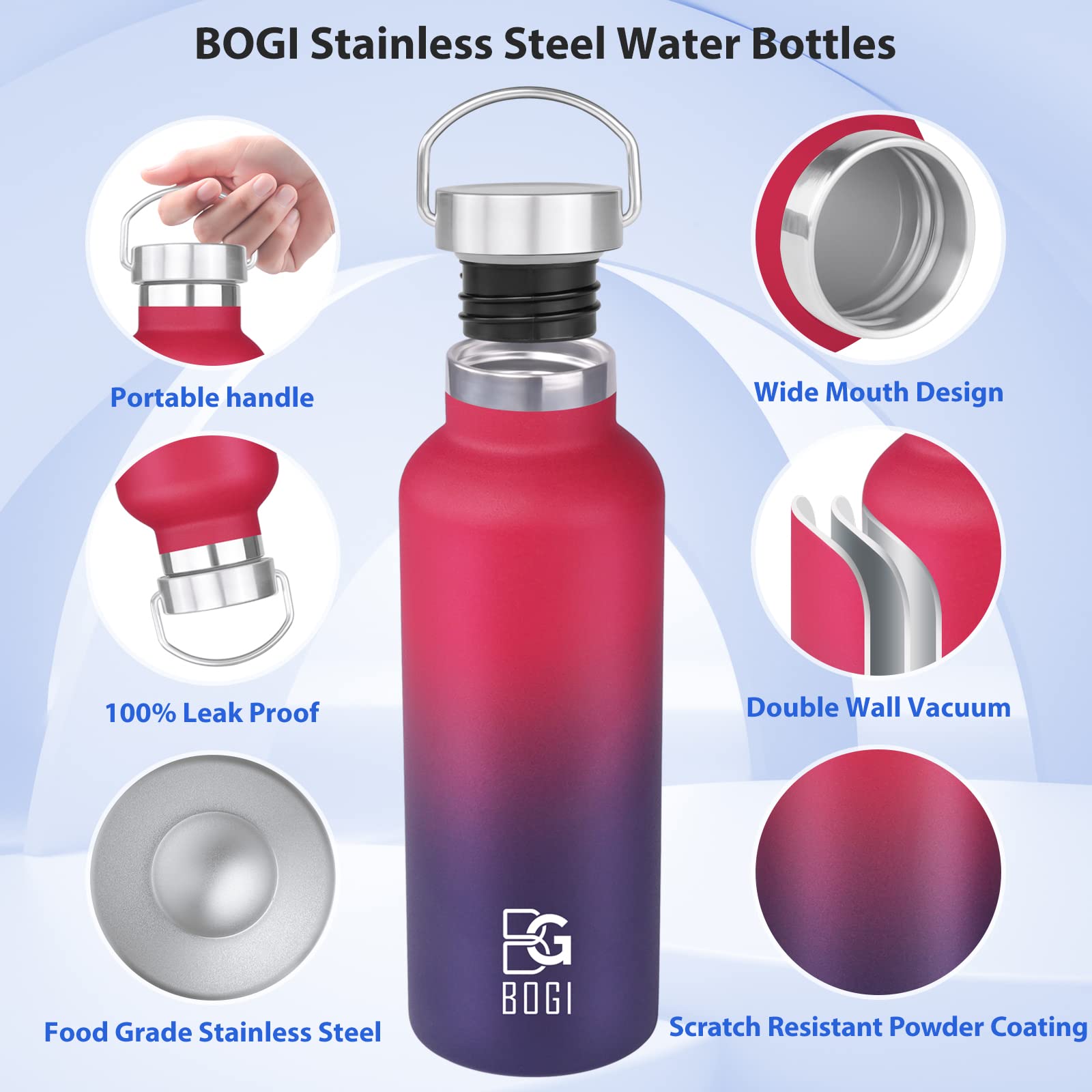 Bogi Insulated Water Bottle 24Oz, Wide Mouth Stainless Steel Water Bottles Leakproof Metal Water