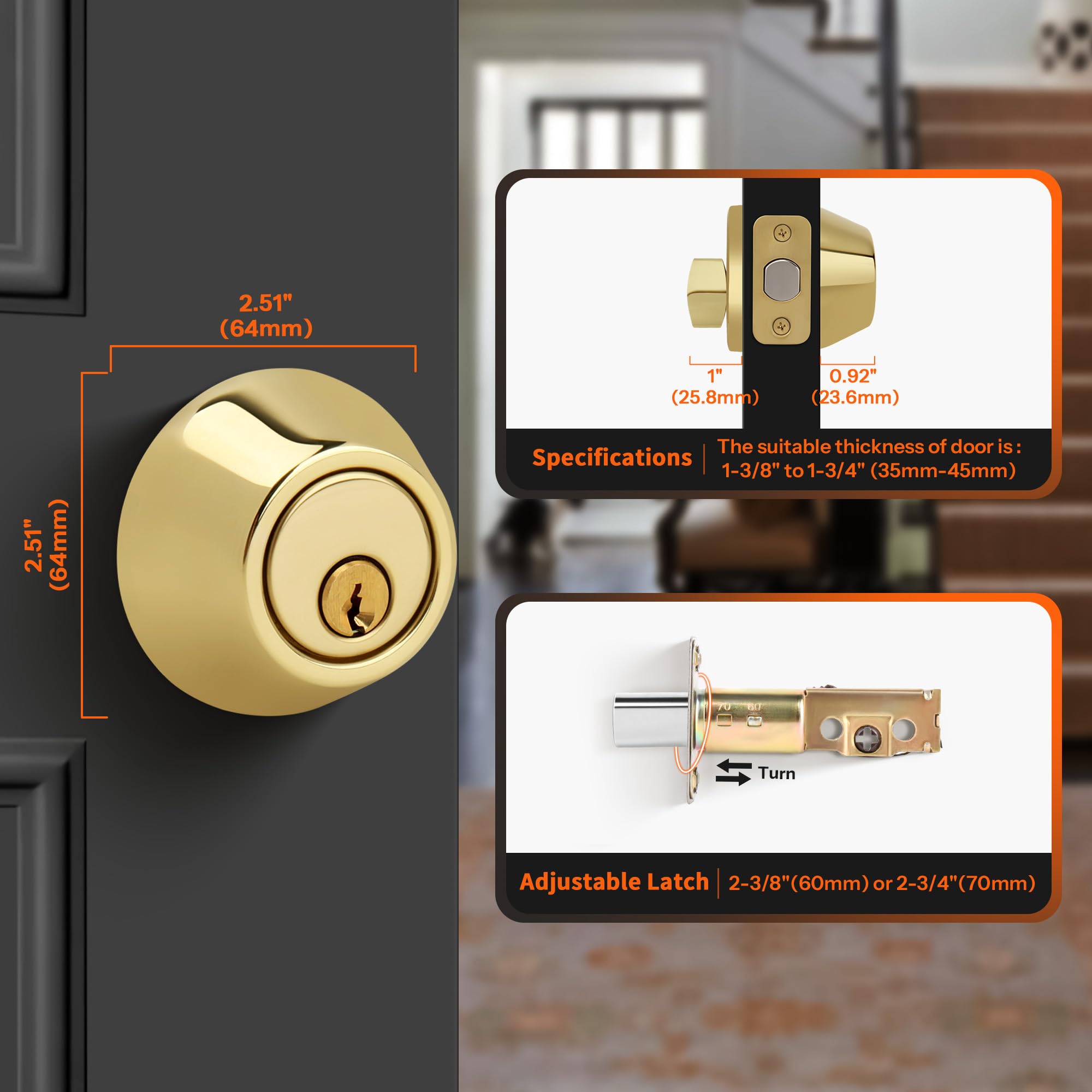 Gaurqiah Keyed Single Cylinder Deadbolt Lock For Exterior, Round Design Dead Bolt For Front Door And Entrance Door, Polished Brass