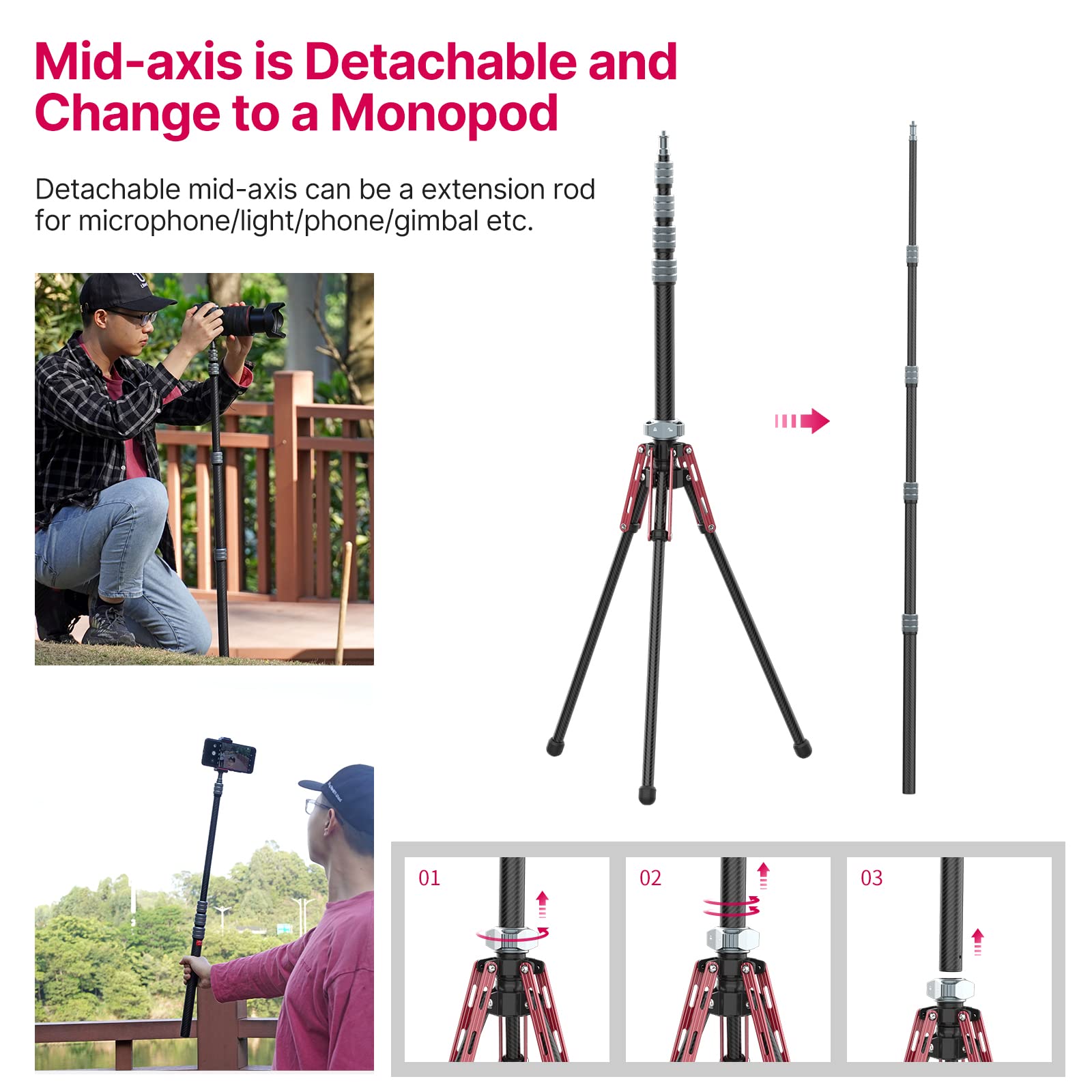 Ulanzi Light Stand Carbon Fiber Mt-49, Adjustable Tripod Stand For Photography With Phone Clip, 194Cm/76.4Inch Studio Sturdy Tripod For Speedlight Flash Softbox Strobe Light Camera With Carrying Bag