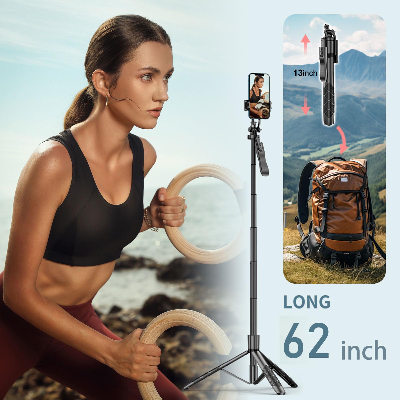Ccblzll Selfie Stick Tripod For Phone With Light - 62" Phone Holder For Recording Selfie Stick Tripod Rotating Phone Stand Tall With Light 6 In 1 Selfie Stick With Light Portable Tripod