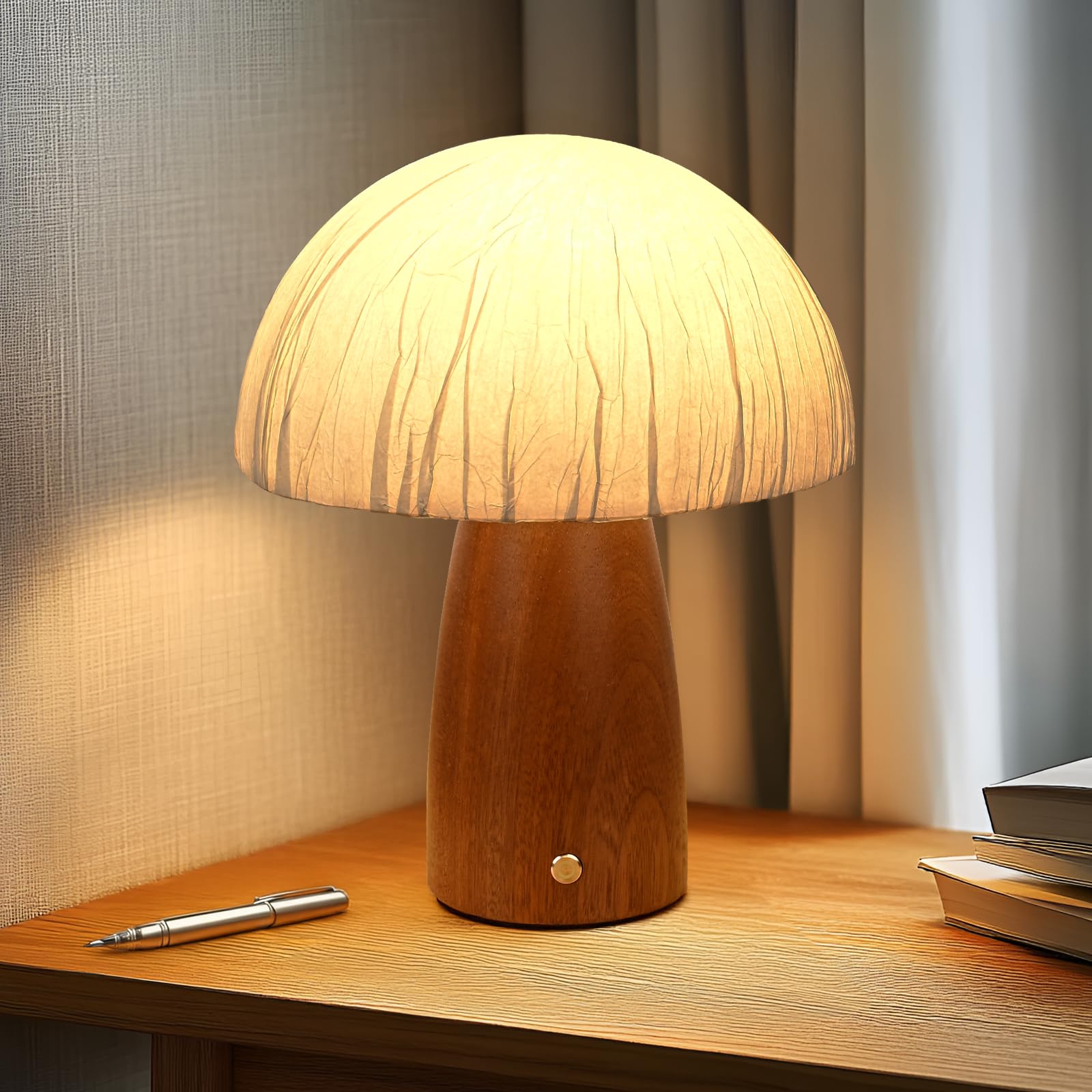 Moiandtoi Wood Mushroom Table Lamp, Led Small Bedside Touch Lamp, Rechargeable Portable Cordless Battery Operated Lamps For Night Stands Living Room, Bedroom,Office, Night Light For Birthday