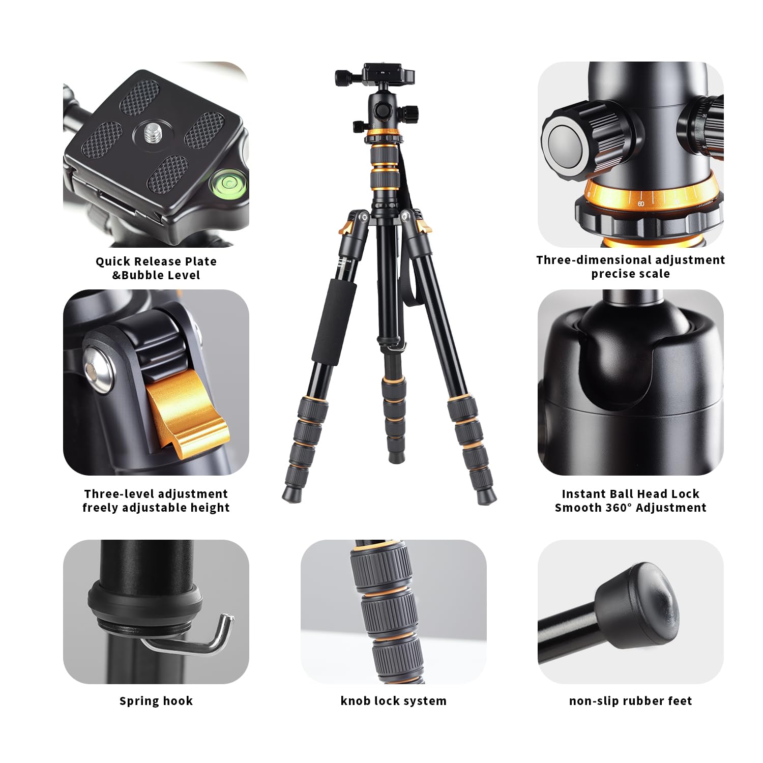 Minicor Tripod For Camera, 63" Aluminum Tripod For Dslr Camera With Ball Head And Quick Release Plate And Bag, Detachable Monopod For Camcorder, Load Up To 8Kg/17.63Lbs,Gold