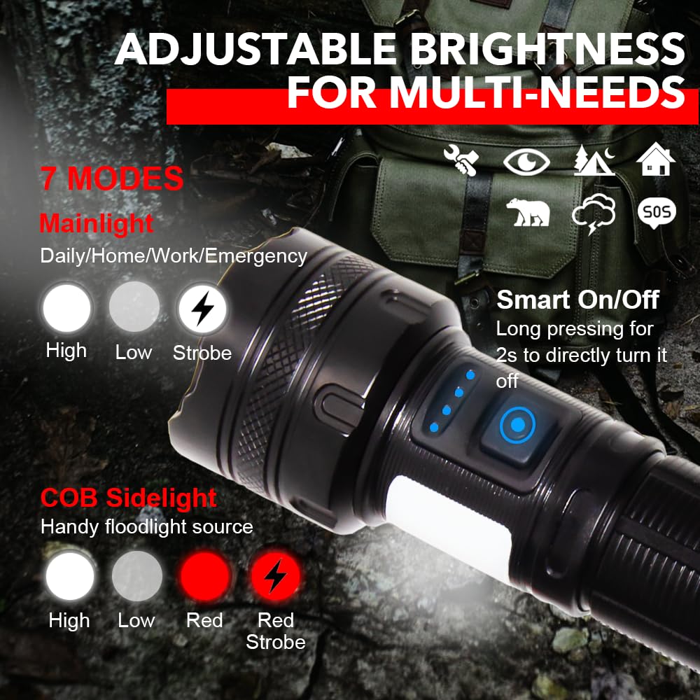 Vana Kula Rechargeable Led Flashlight, 250000 Lumens, Zoomable, 7 Modes, Cob Sidelight, Magnetic Base, Ipx6 Waterproof, For Emergency, Home, Camping, Hunting