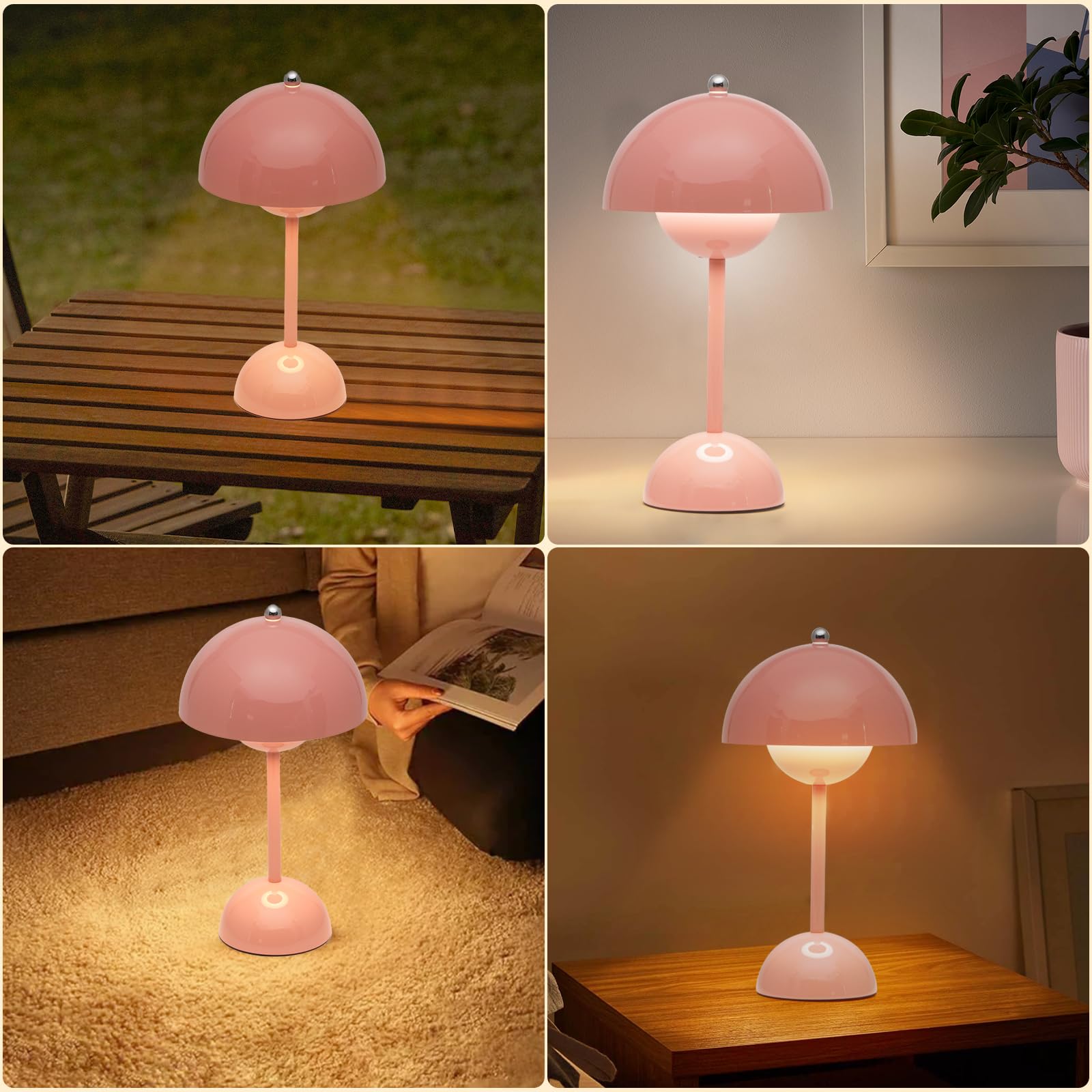 Nusogon Flowerpot Cordless Lamp, Dimmable Rechargeable Touch Lamp, Battery Operated Lamp, Cute Mushroom Small Lamp For Nightstand, Modern Table Lamp For Indoor Outdoor(Pink