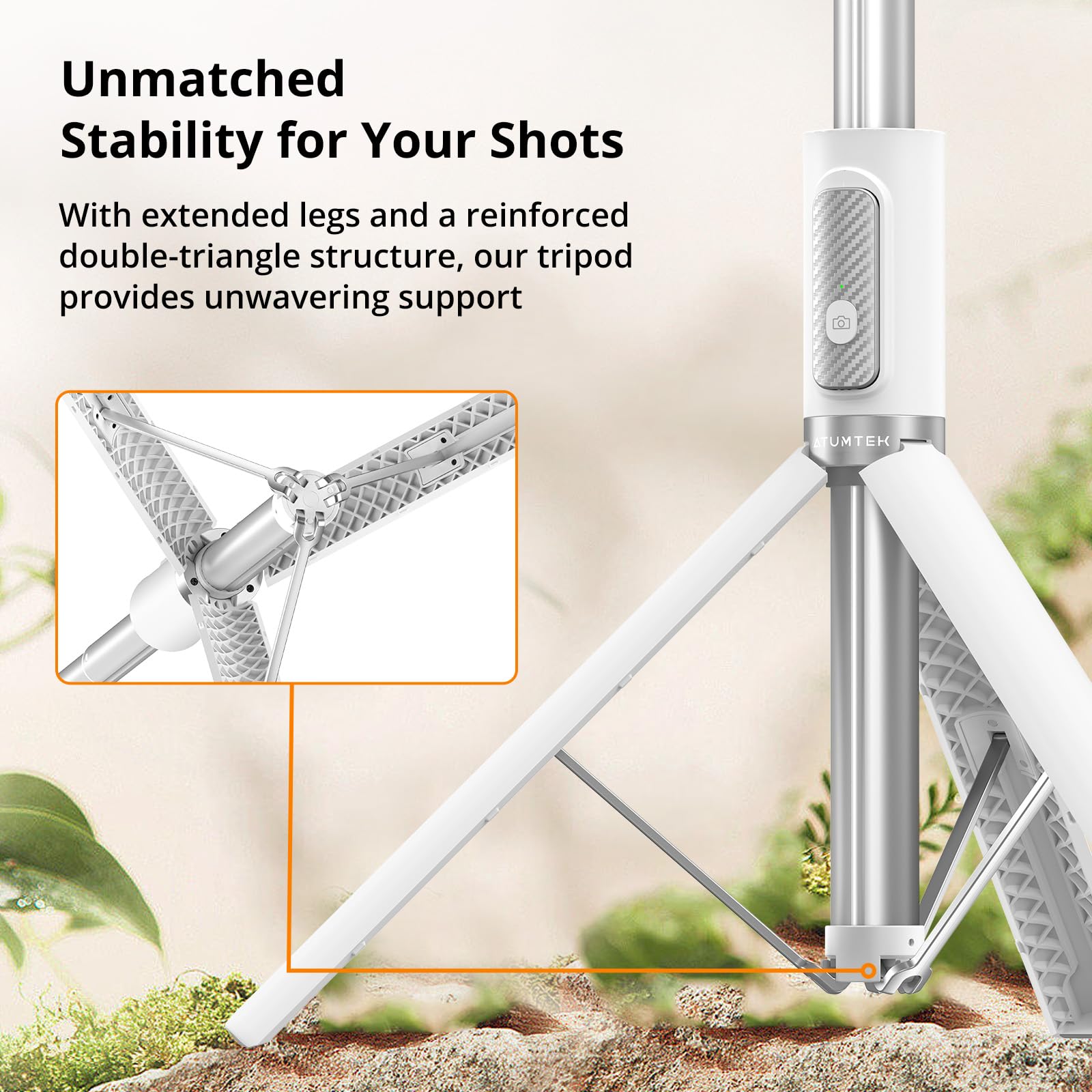 Atumtek 62" Selfie Stick Tripod, Extendable Aluminum Tripod With Rechargeable Bluetooth Remote, Compatible With Iphone And Android Smartphones, Perfect For Travel, Vlog, Video And Photo, White